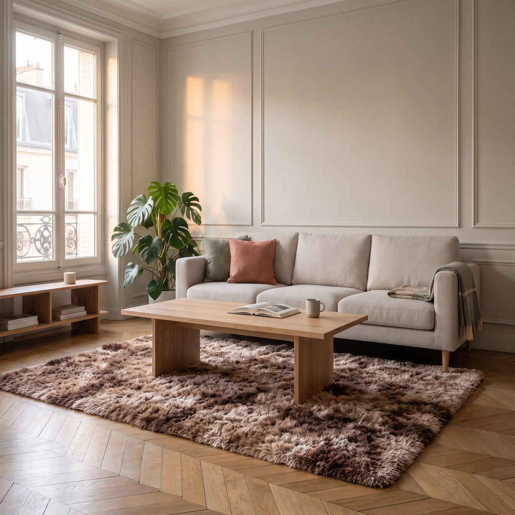 Tapis shaggy marron fonce dans un salon