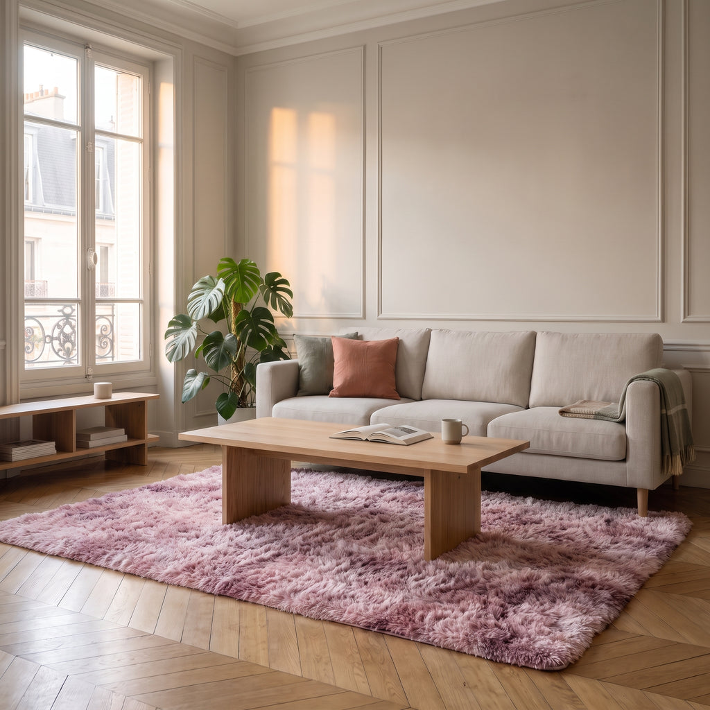 Tapis shaggy rose clair dans un salon