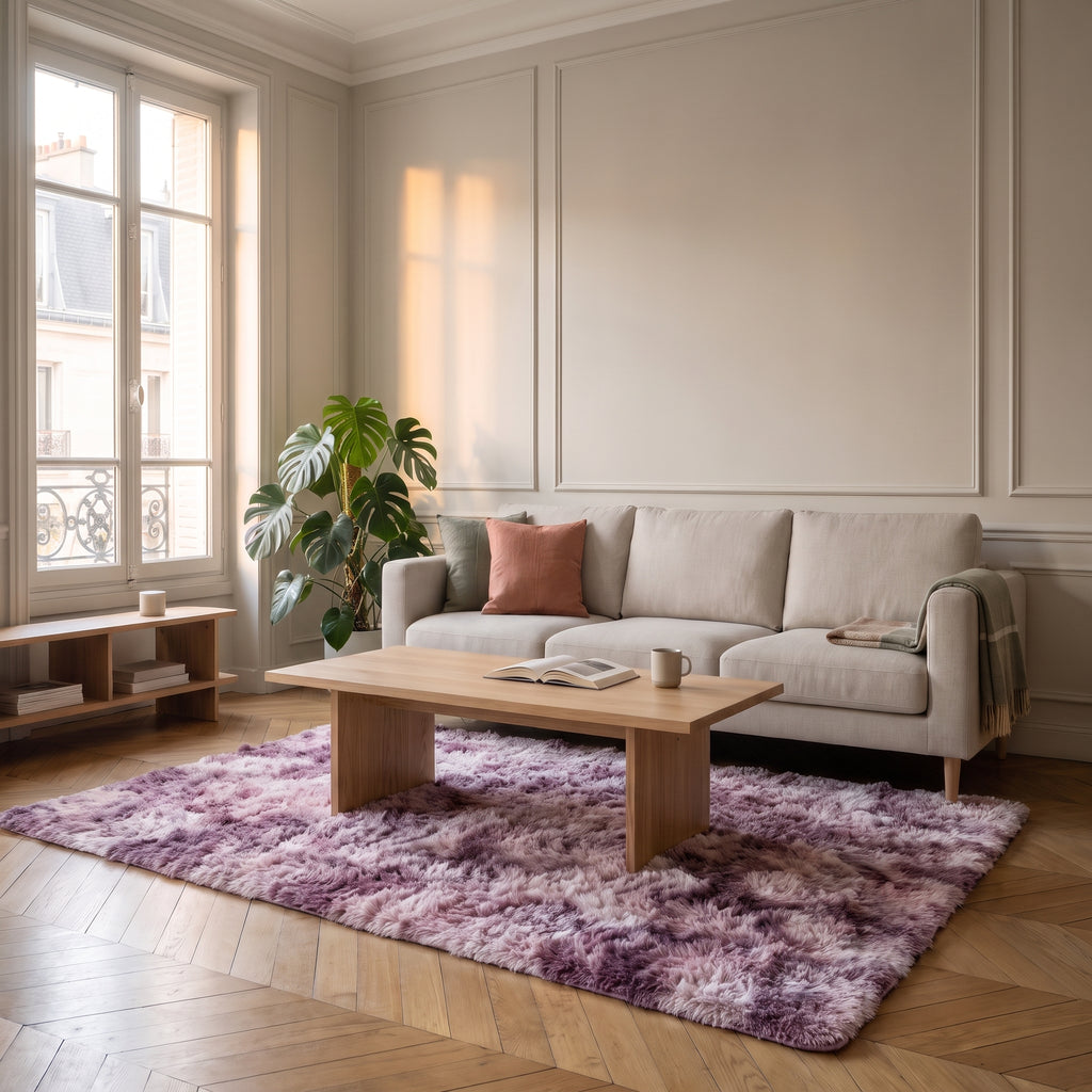 Tapis shaggy rose fonce dans un salon