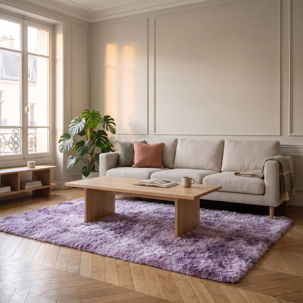 Tapis shaggy violet dans un salon
