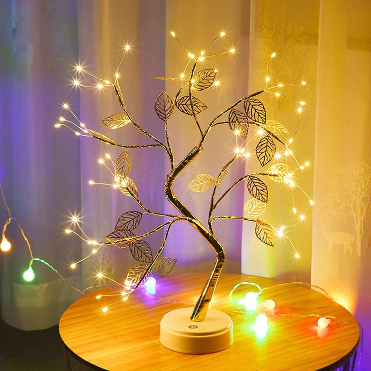 Arbre lumineux en fil de cuivre, lumière dorée