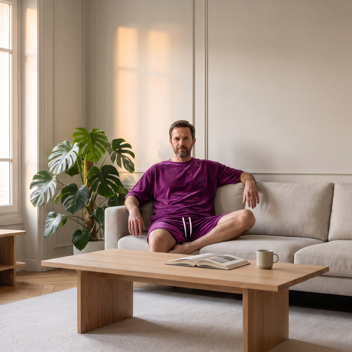 Homme du casting assis dans le canapé en ensemble de velours prune.