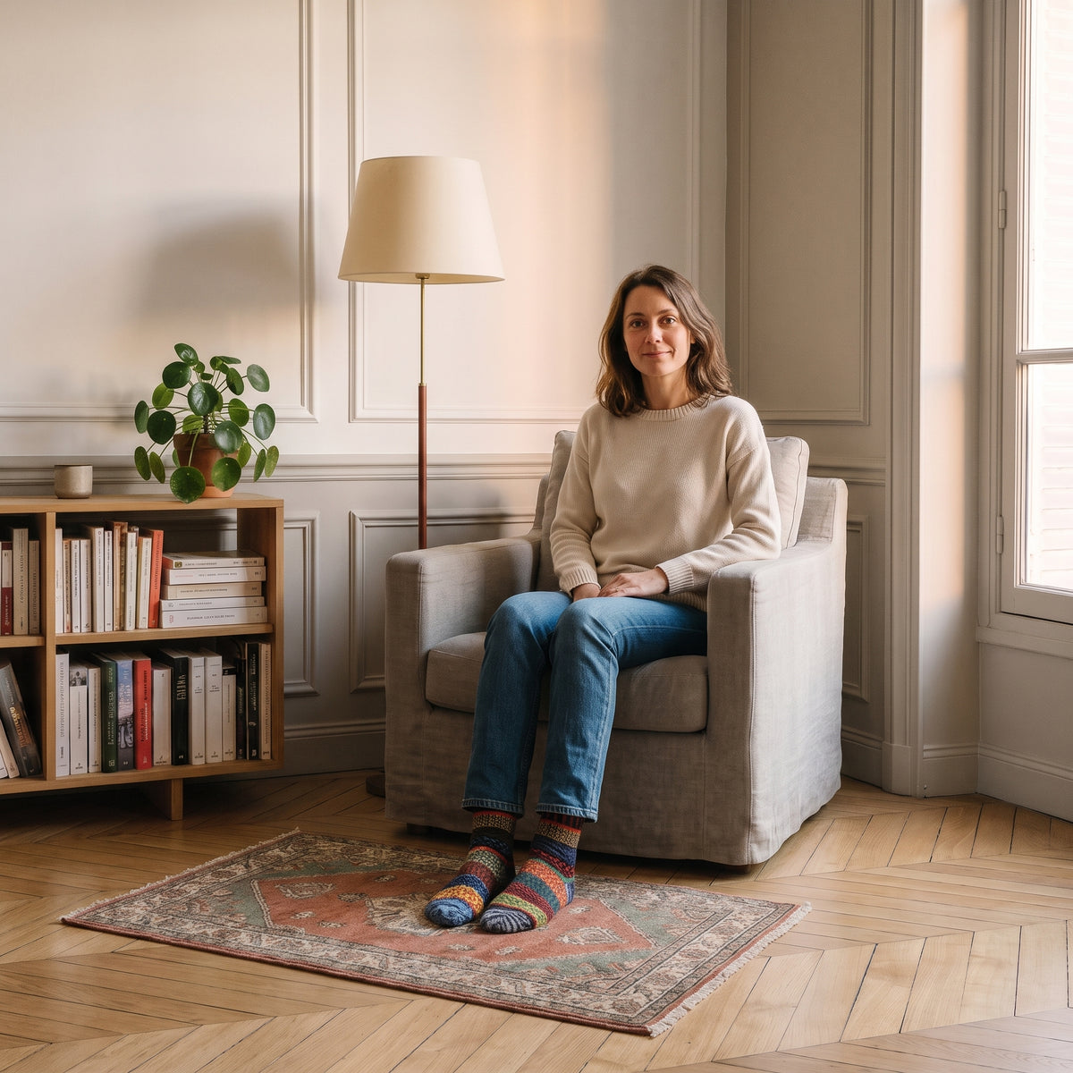 Chaussettes chaudes à damiers moutarde portées dans le fauteuil de lecture Image