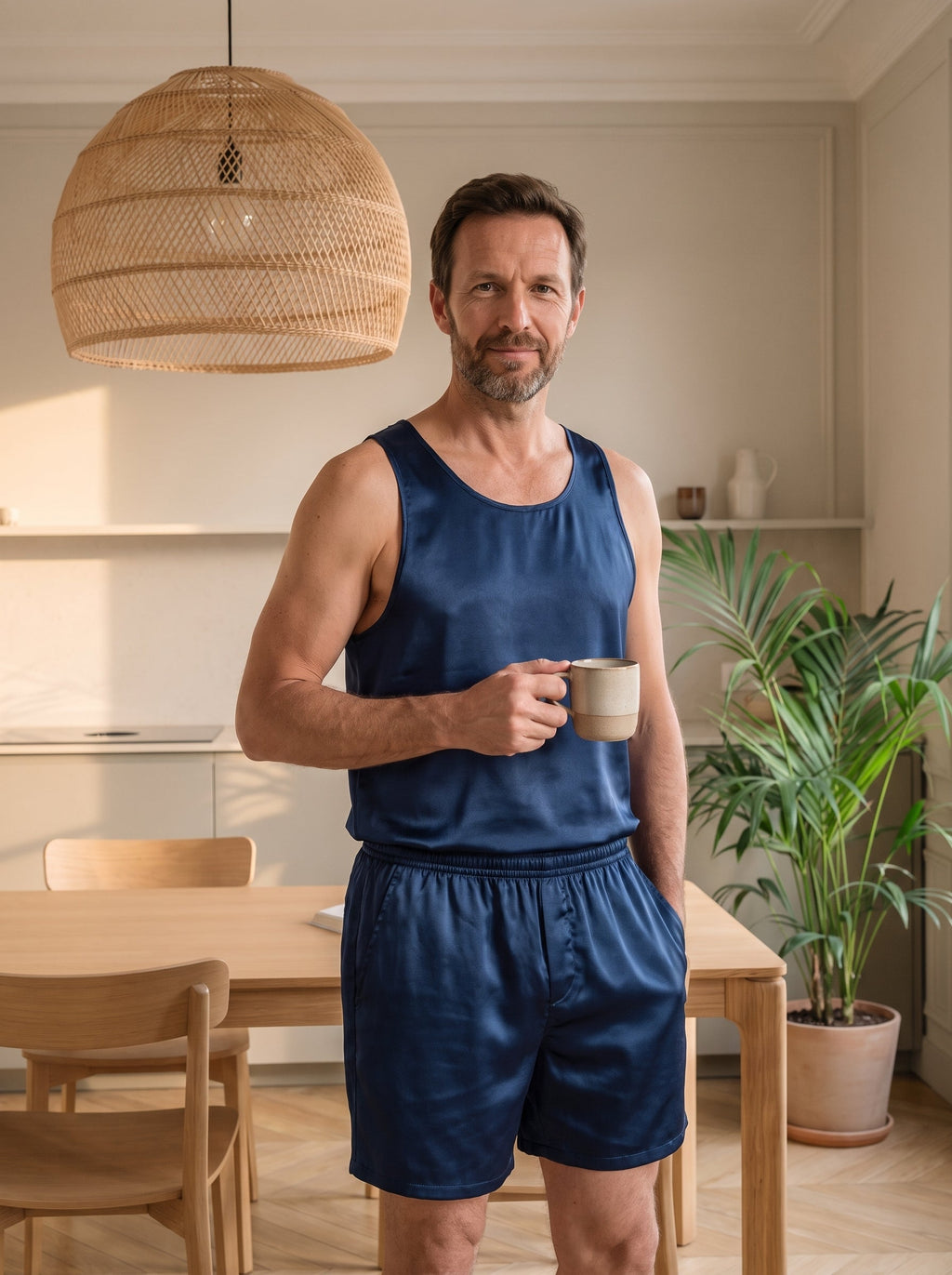 Homme portant le pyjama d'été bleu marine, une tasse à la main dans un coin repas le matin