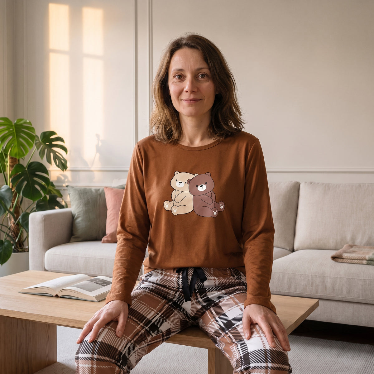 Femme assise sur son canape en pyjama marron, le dessin des deux oursons au centre de la poitrine Image