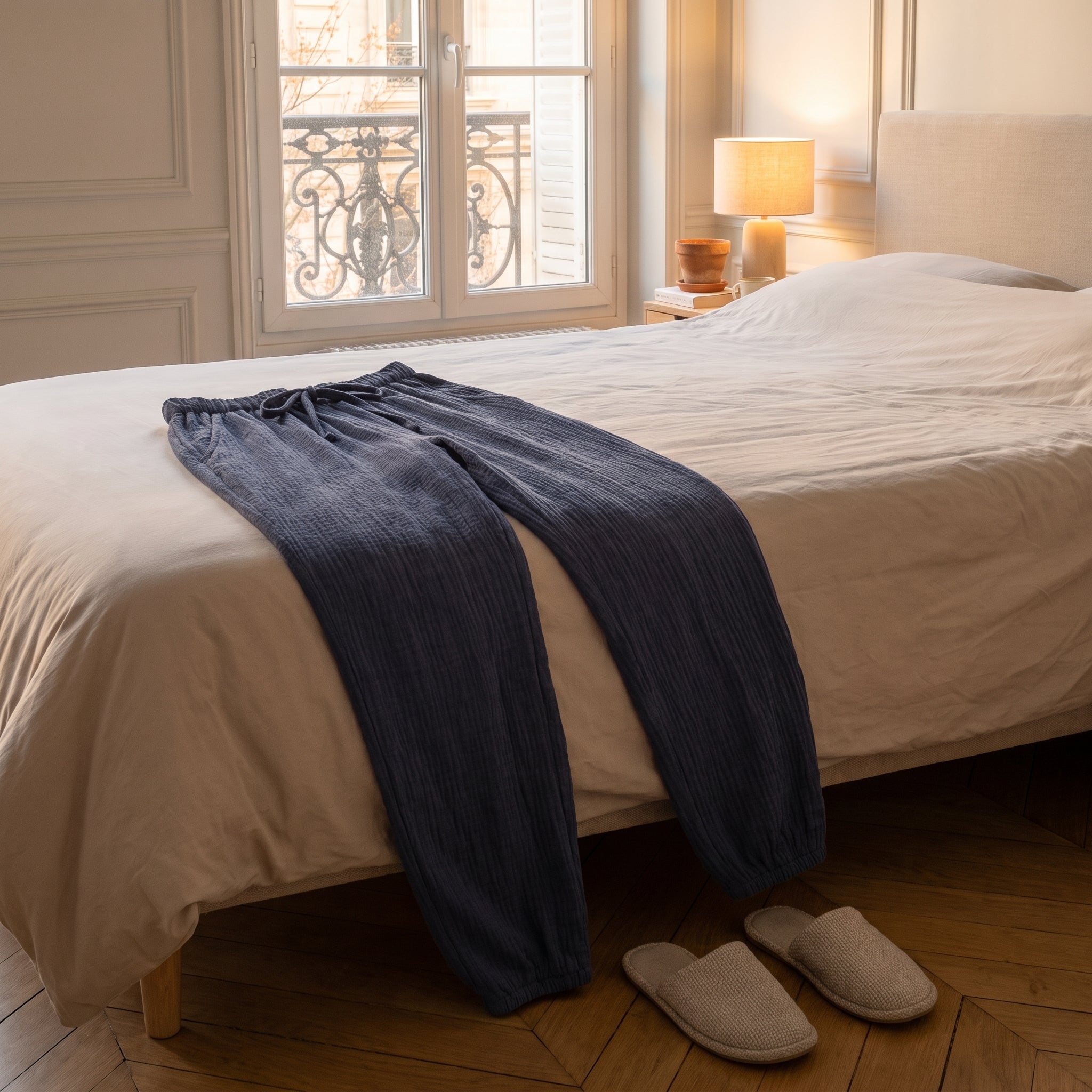Pantalon de pyjama gris ardoise pose en travers du pied du lit, chaussons au sol en fin de journee Image