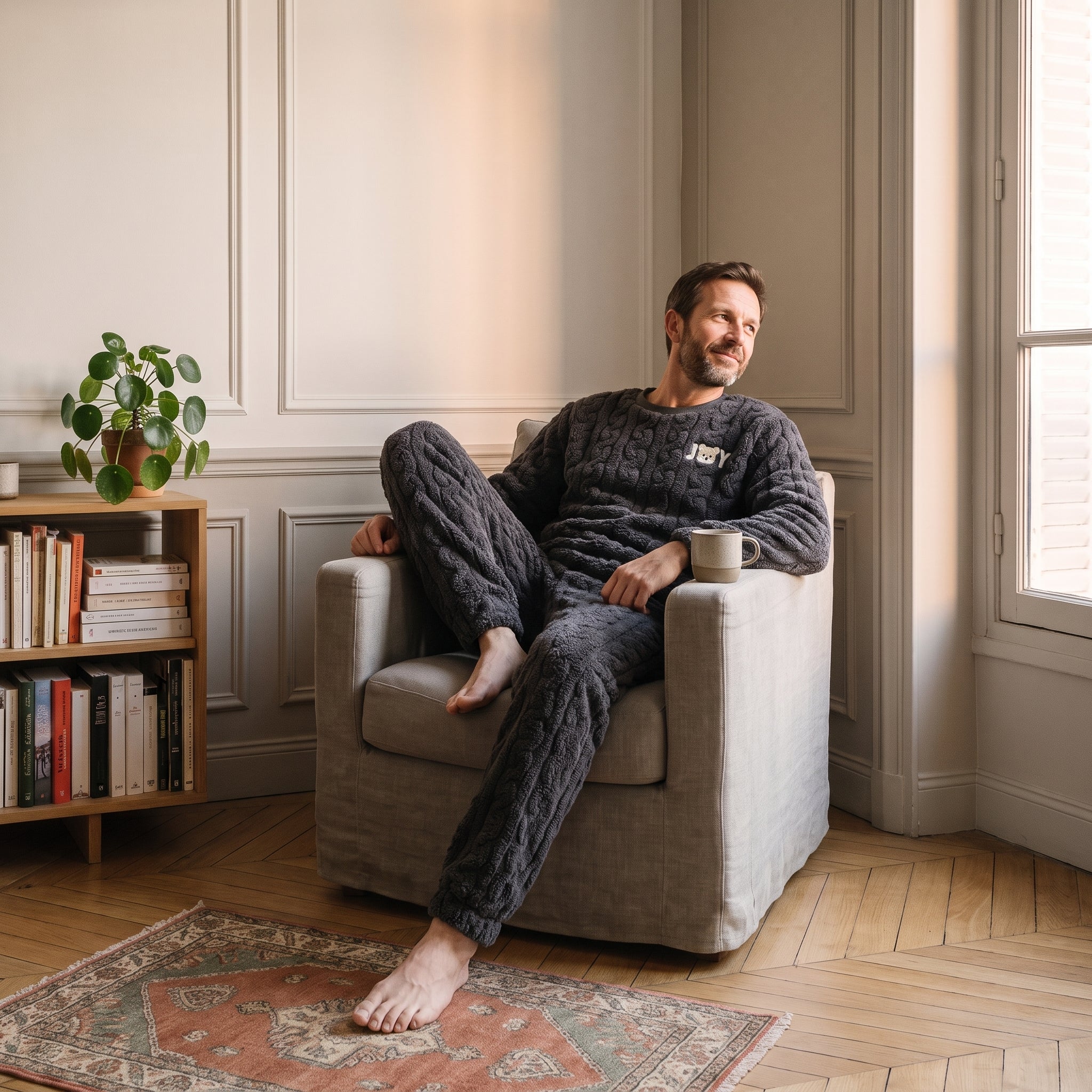 Homme en pyjama polaire anthracite installe dans le fauteuil du salon, une tasse posee sur l accoudoir. Image