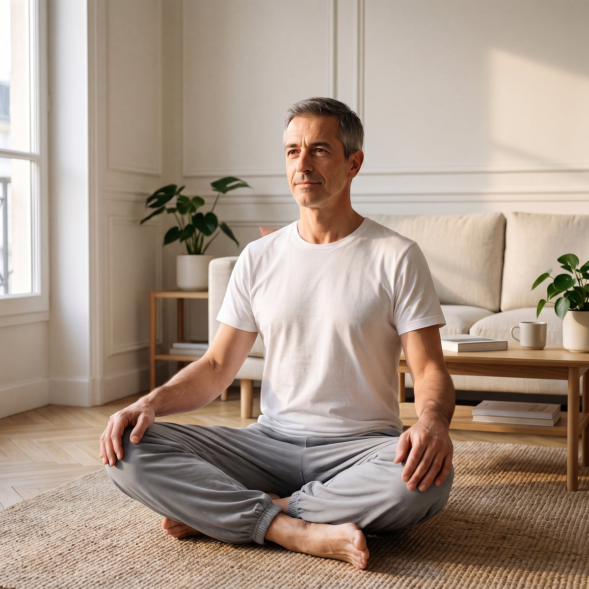 Homme assis en tailleur sur un tapis en pantalon sarouel de yoga gris clair Image