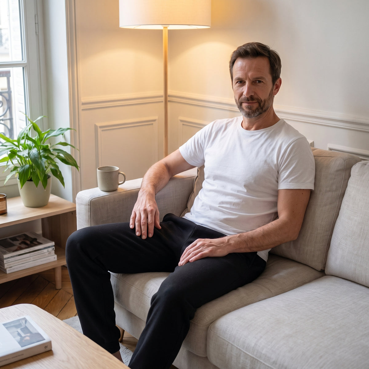 Homme assis dans son canapé en pantalon de jogging noir Image