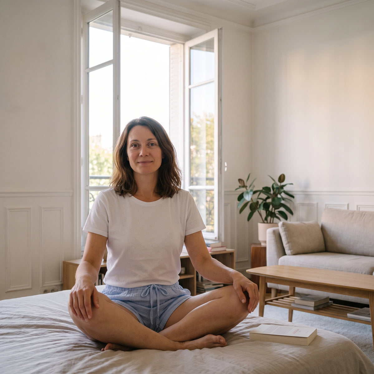 Femme en short de pyjama assise sur son lit, fenêtre ouverte un matin d été Image