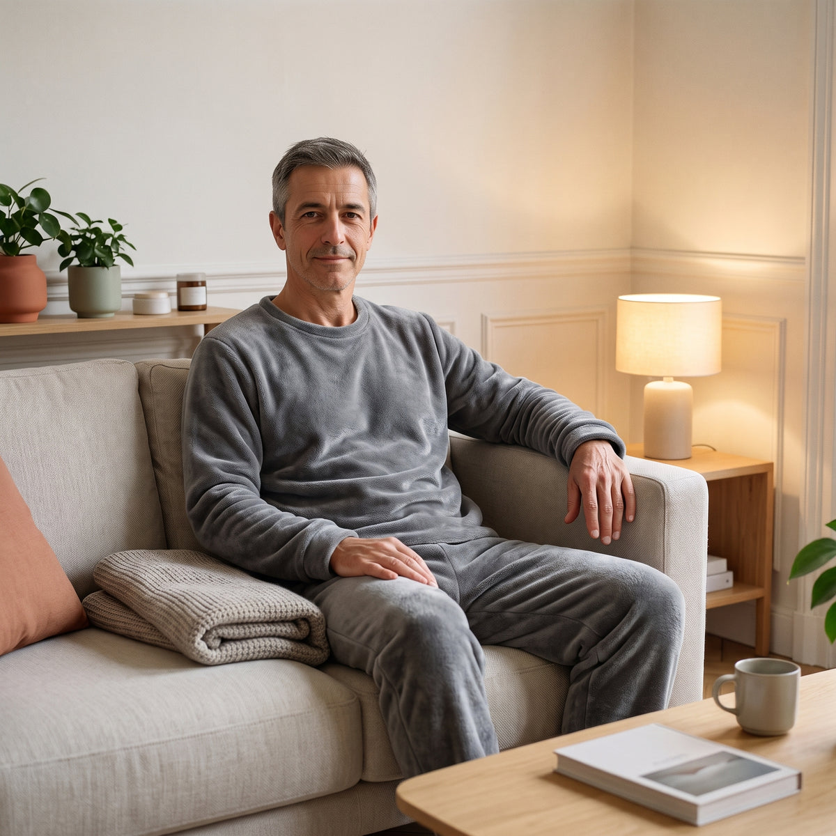 Homme assis dans son canapé en pyjama d'hiver en flanelle polaire gris, le plaid replié à côté Image
