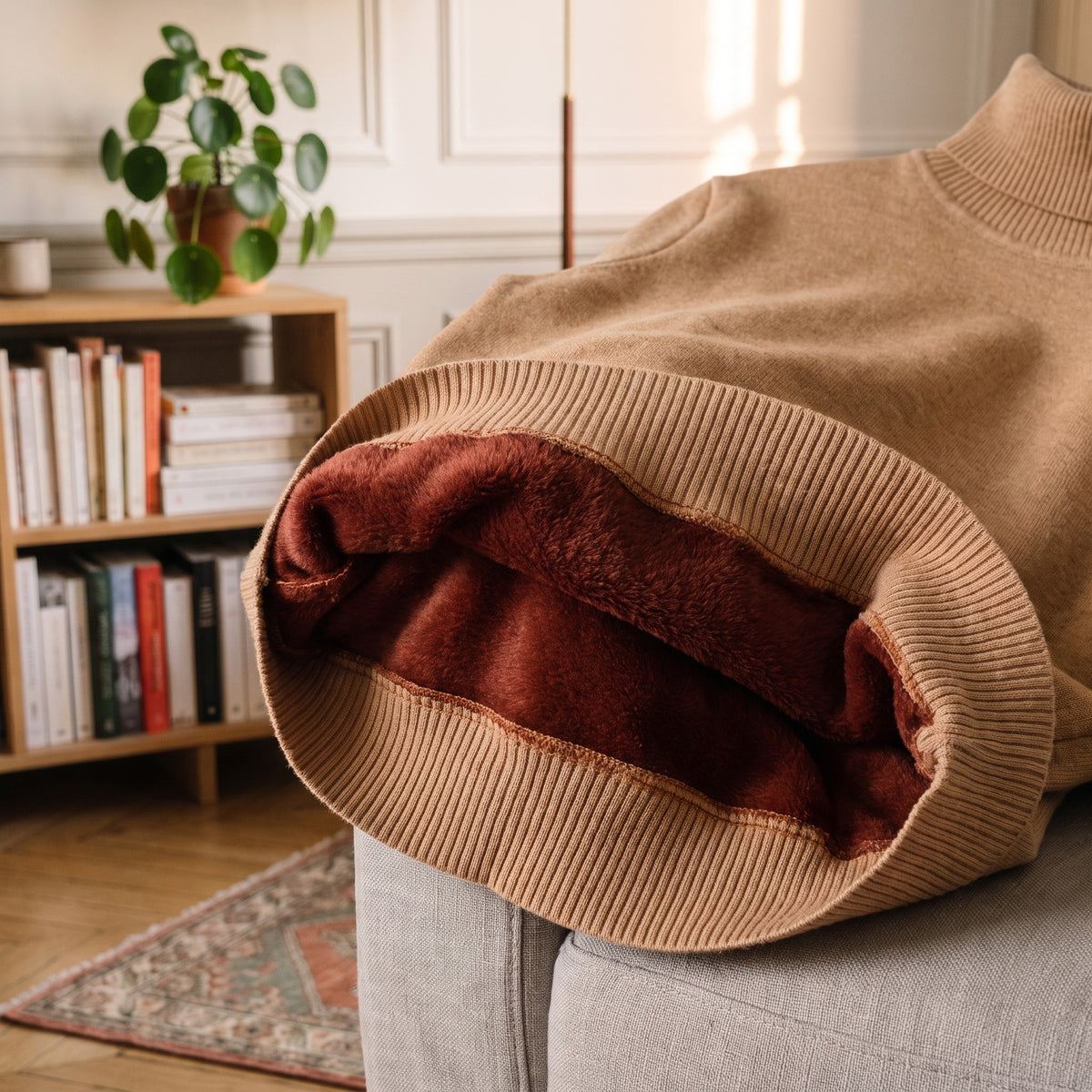 Le bas du pull col roule camel retourne sur l accoudoir d un fauteuil, la doublure polaire rousse et la cote du bas visibles Image