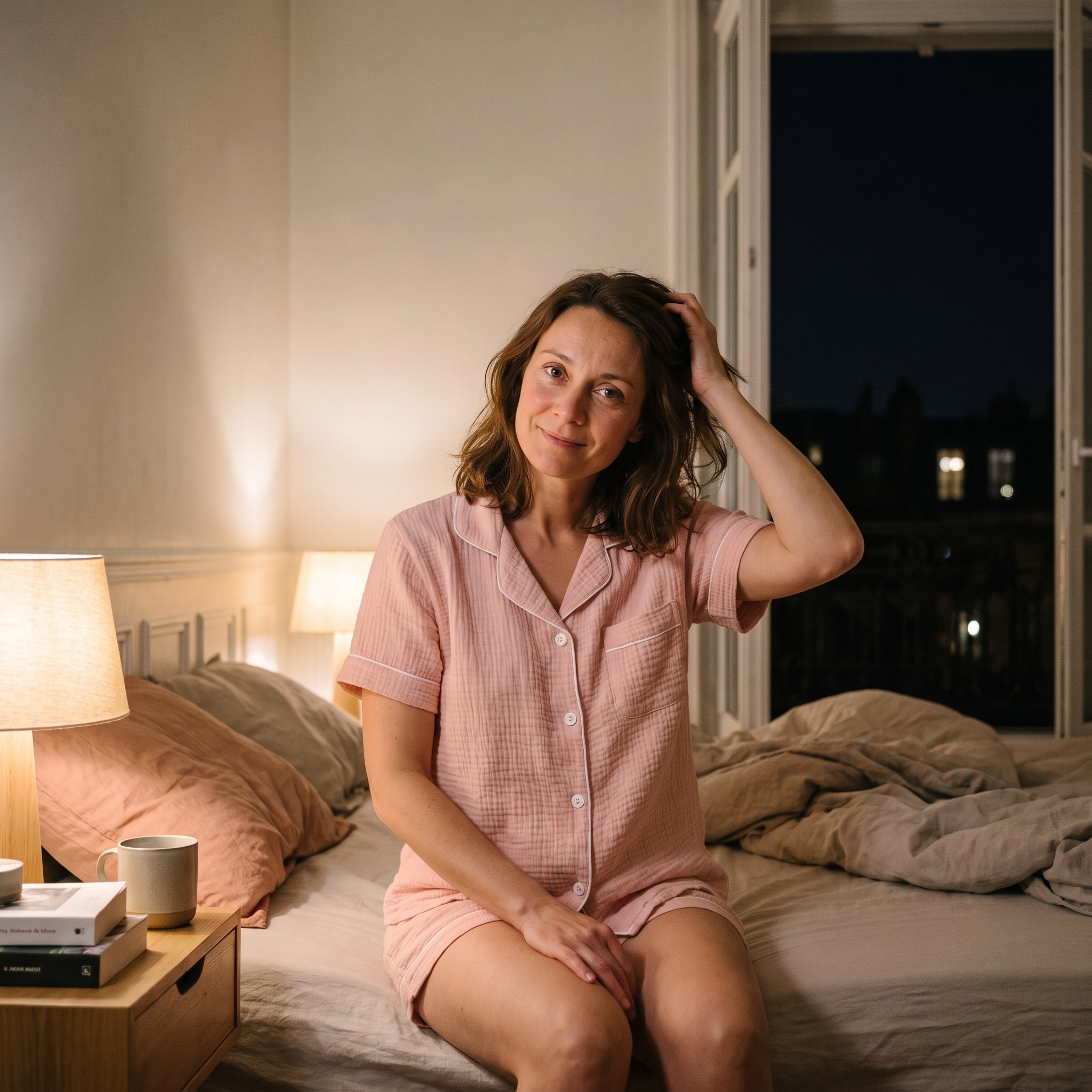 Femme en pyjama rose poudré assise au bord de son lit, la nuit, une lampe allumée Image