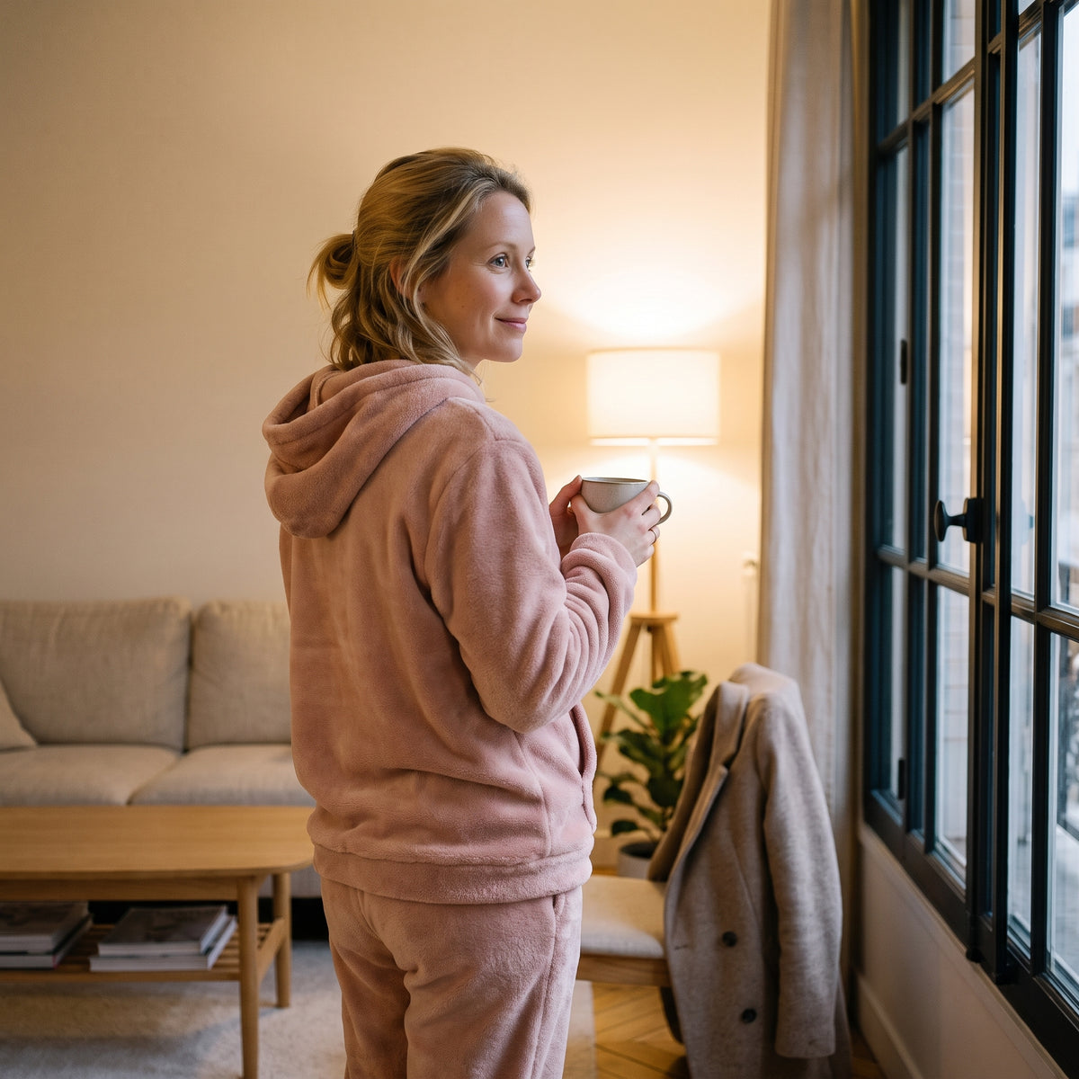 Femme assise sur le bord de son lit en ensemble pyjama d'hiver en flanelle polaire rose Image