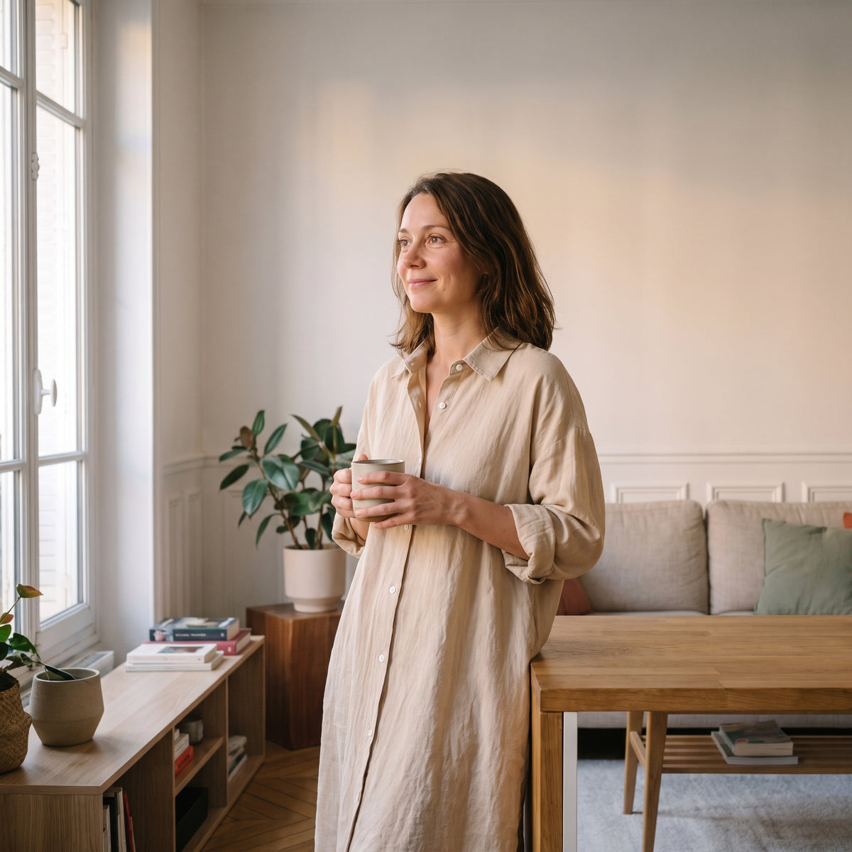Femme en robe chemise beige, une tasse à la main, près de la fenêtre du salon Image