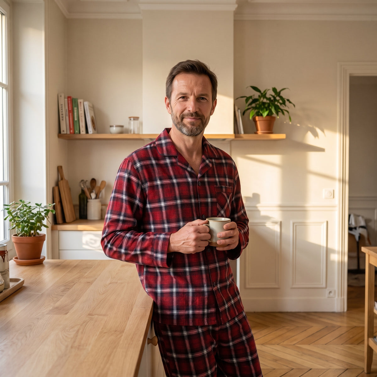 Homme en pyjama à carreaux, une tasse à la main, dans sa cuisine le soir Image