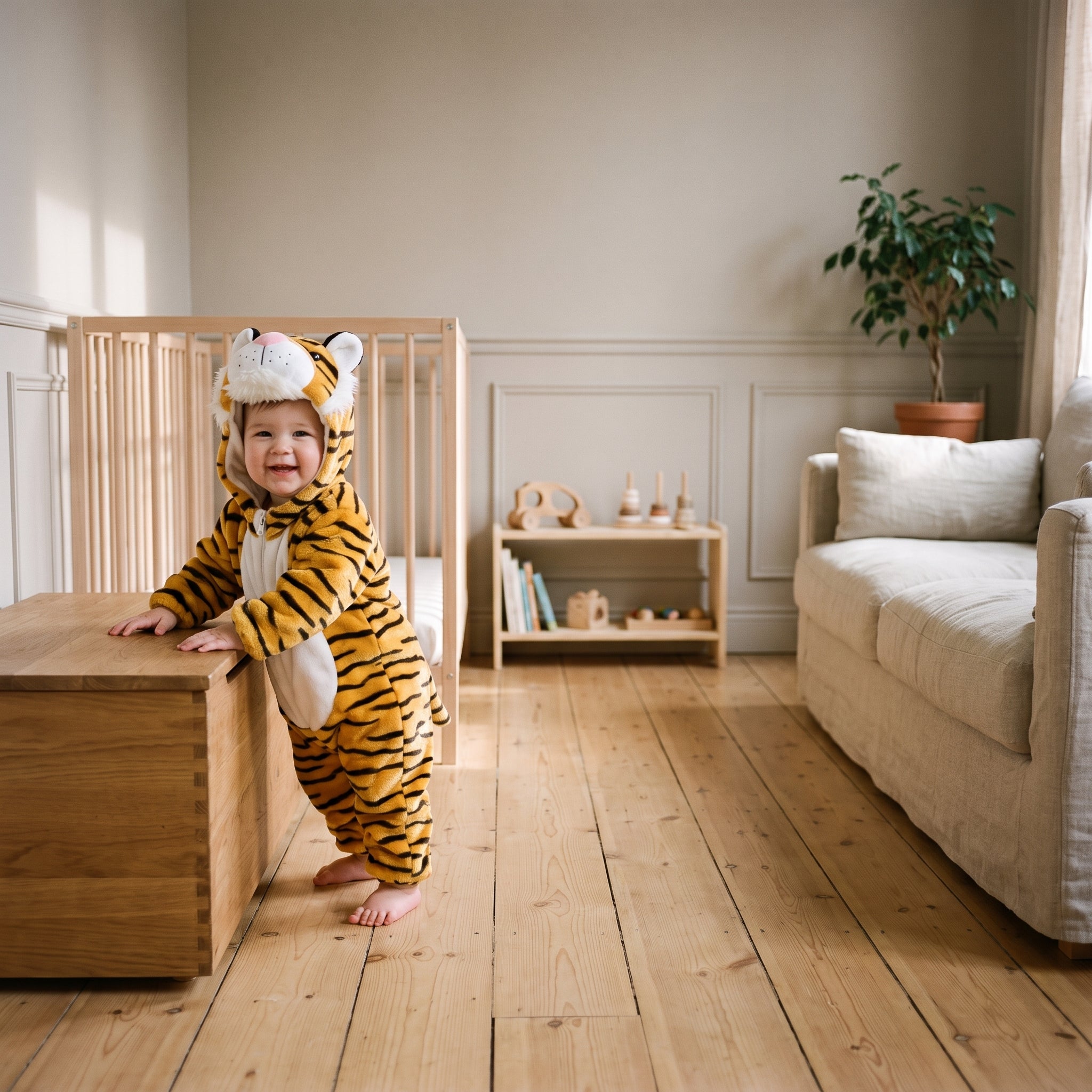 Bébé debout dans sa chambre en combinaison déguisement tigre Image