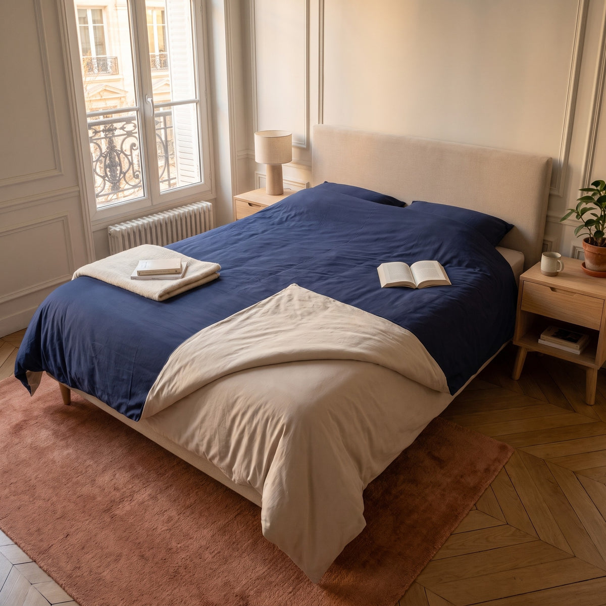 Housse de couette bleu marine dont le coin du pied est retourne, ce qui decouvre sa face beige