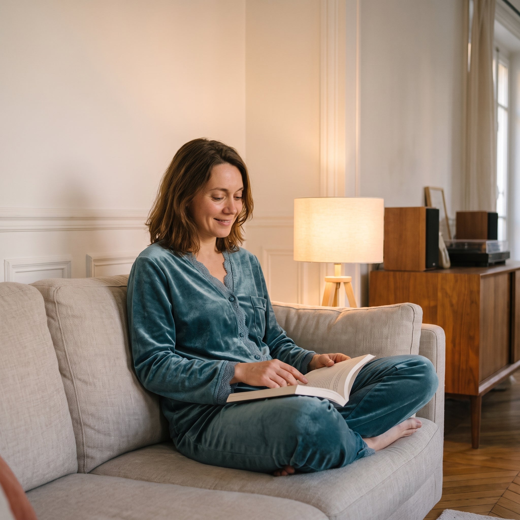 Femme assise sur son canapé avec un livre, en pyjama en velours vert canard Image