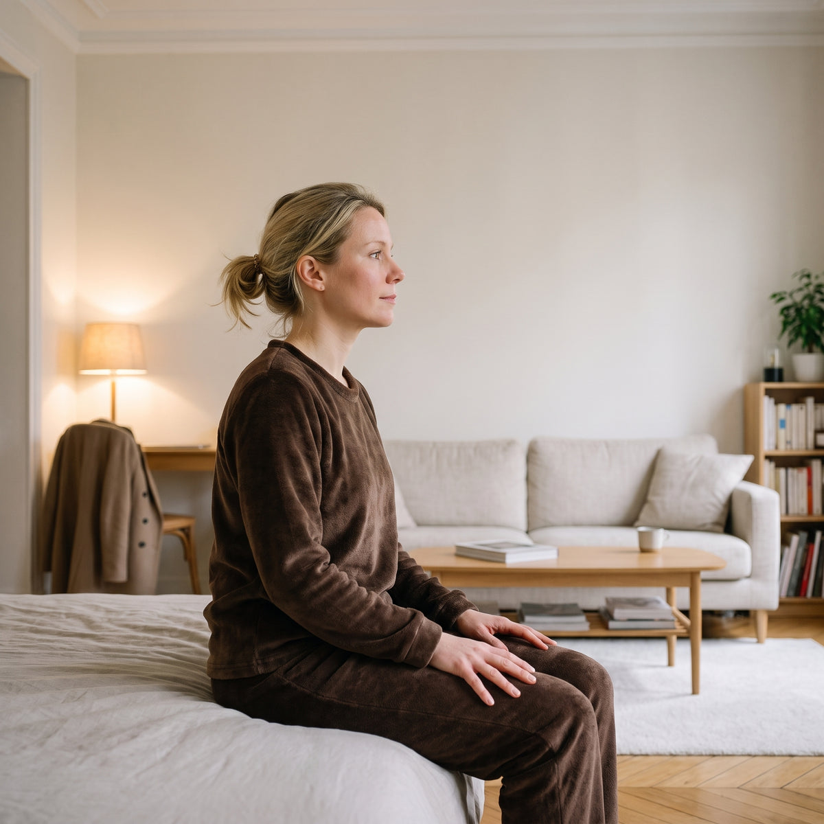 Femme assise sur son lit en pyjama en flanelle polaire brun chocolat Image