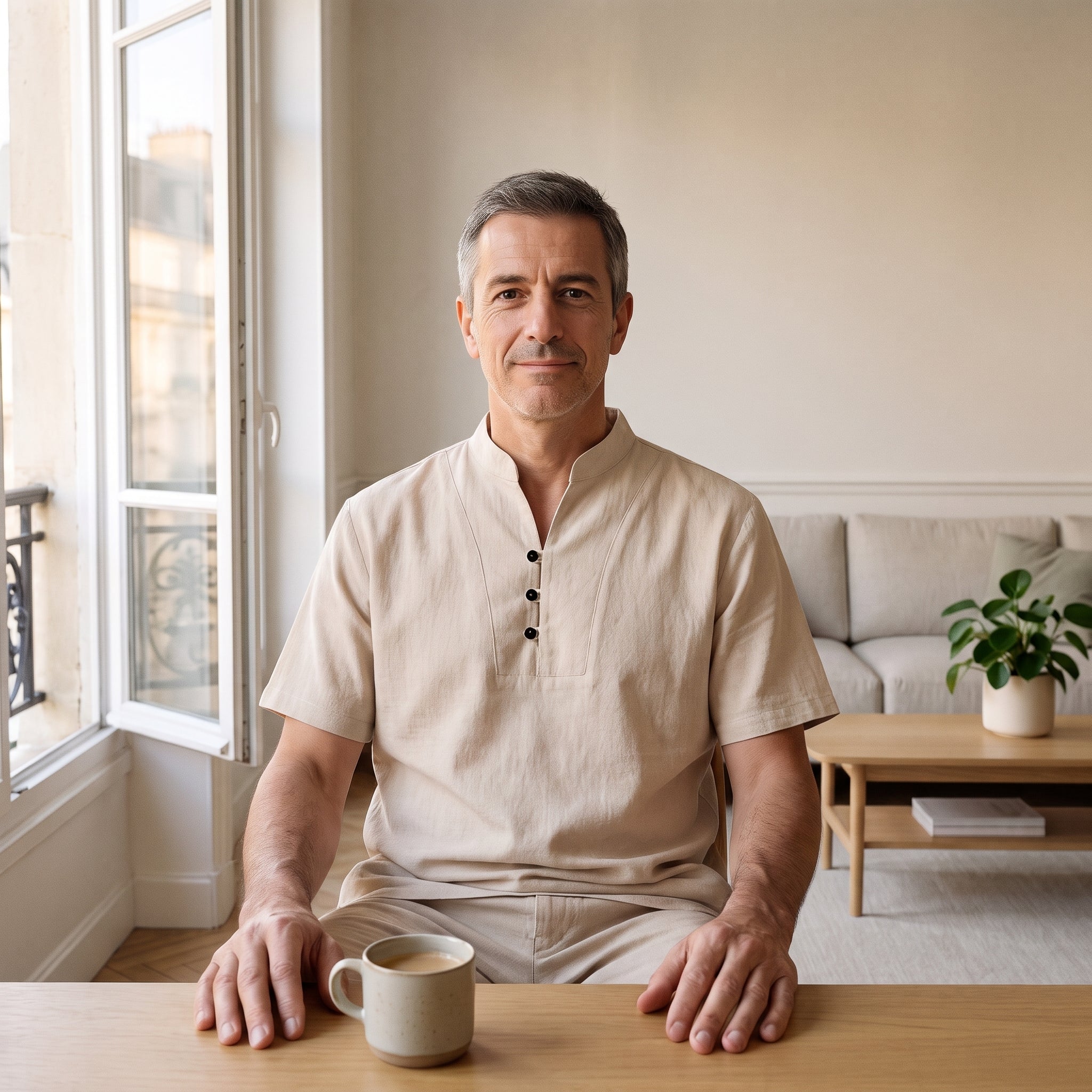 Homme assis à une table près d'une fenêtre en ensemble en coton et lin écru Image