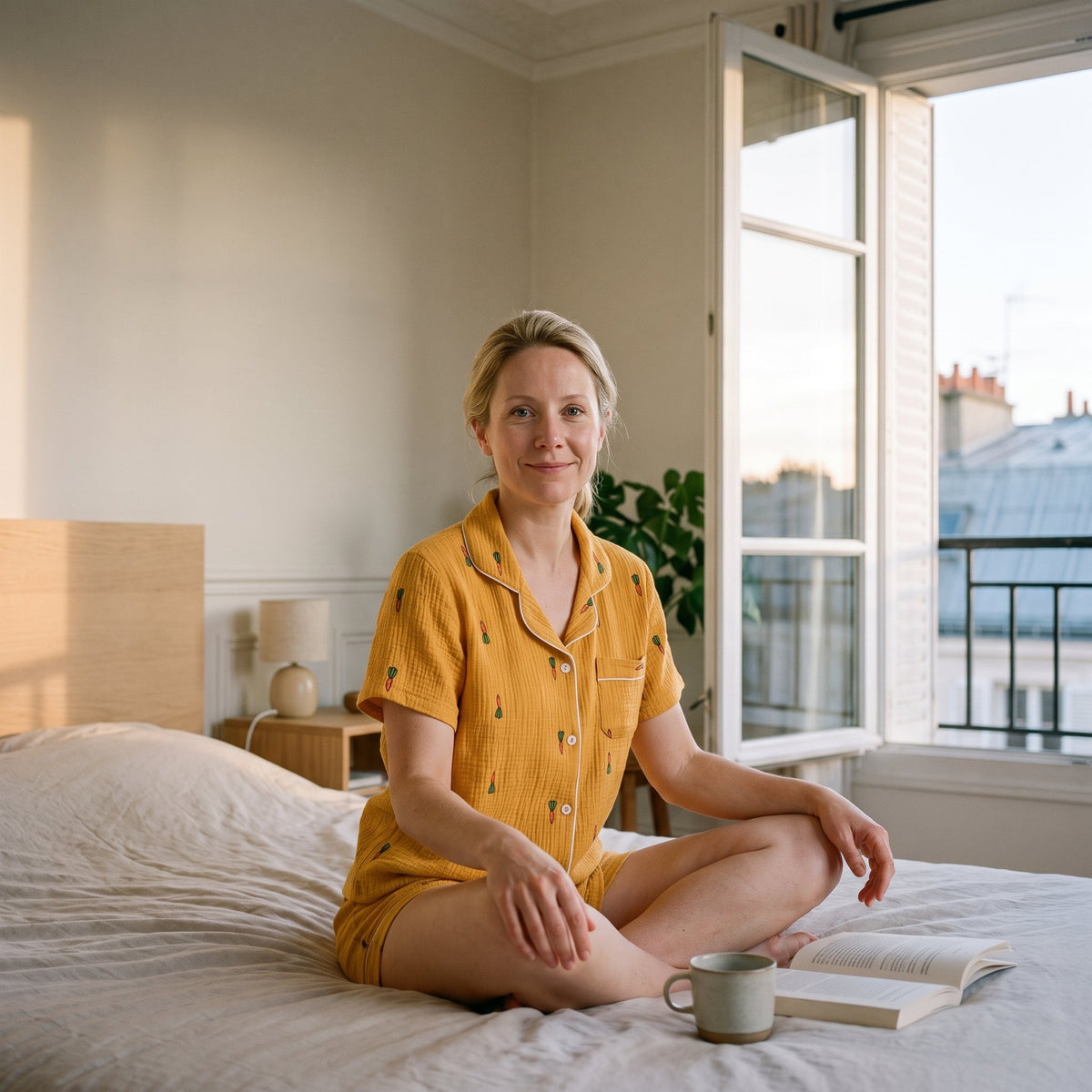 Femme assise en tailleur sur son lit, en pyjama court en gaze de coton moutarde