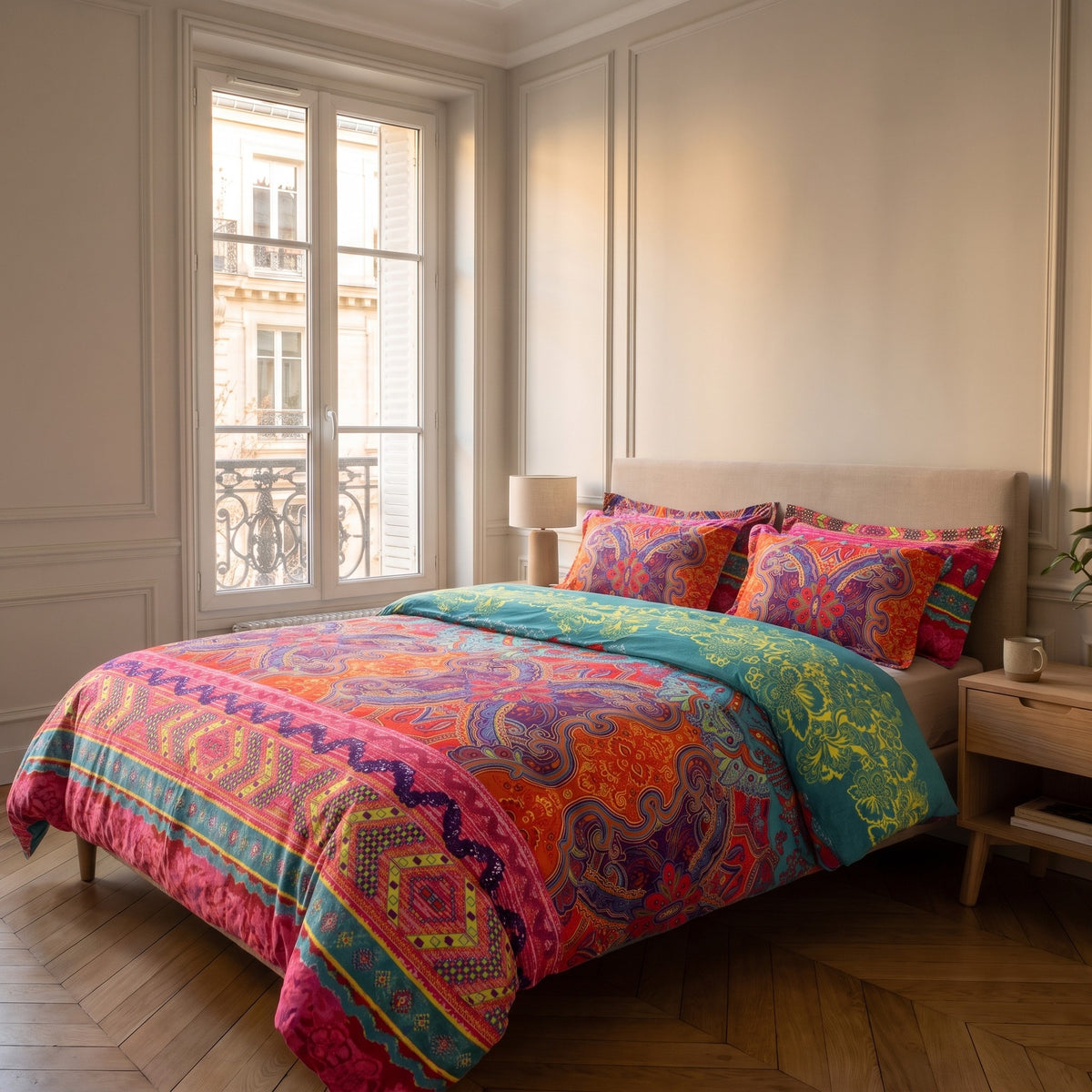 Lit fait avec la parure de lit boheme doux, mandalas fuchsia et violet, le pan turquoise a fleurs jaunes rabattu vers la tete de lit