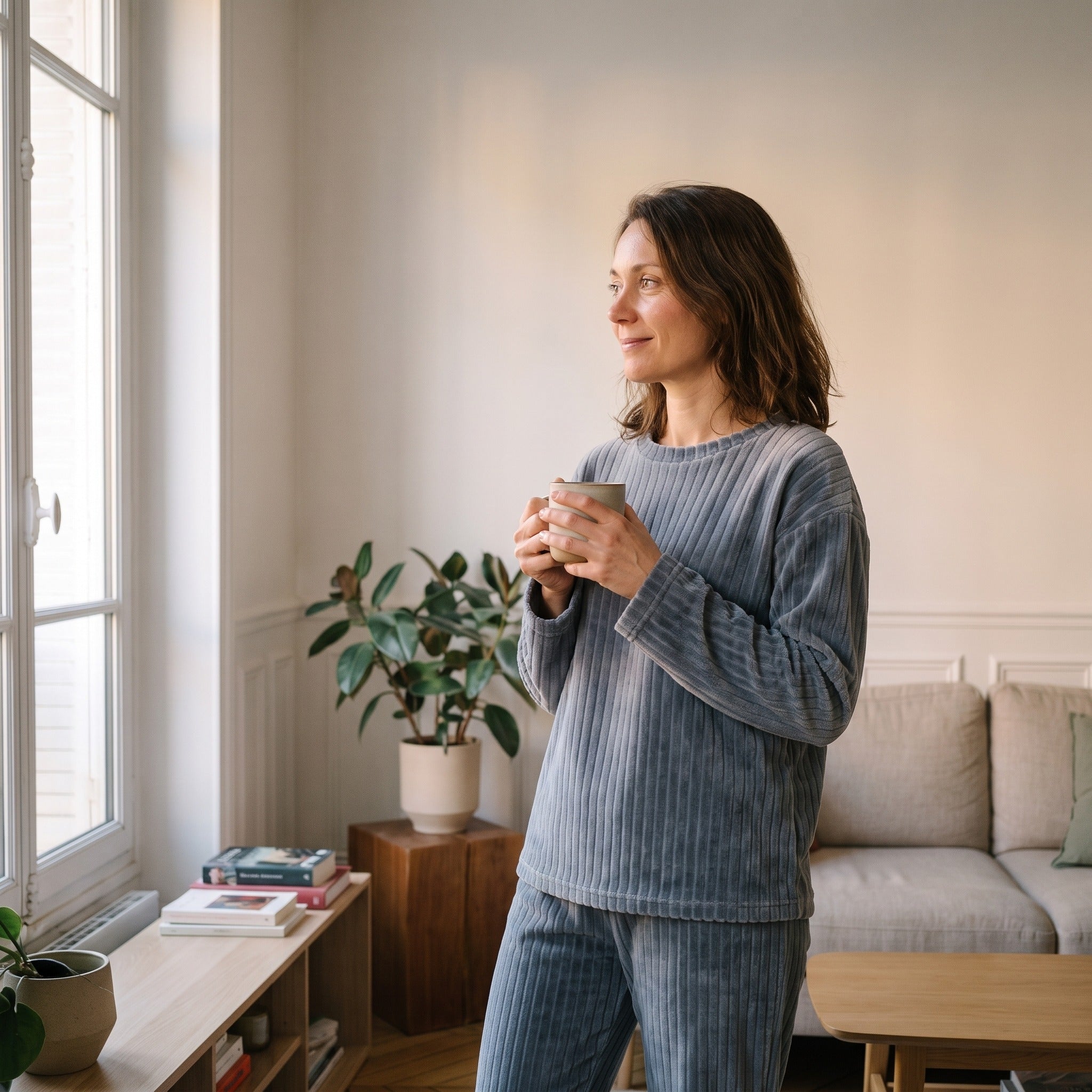 Femme en pyjama de velours côtelé debout près de la fenêtre, une tasse à la main Image