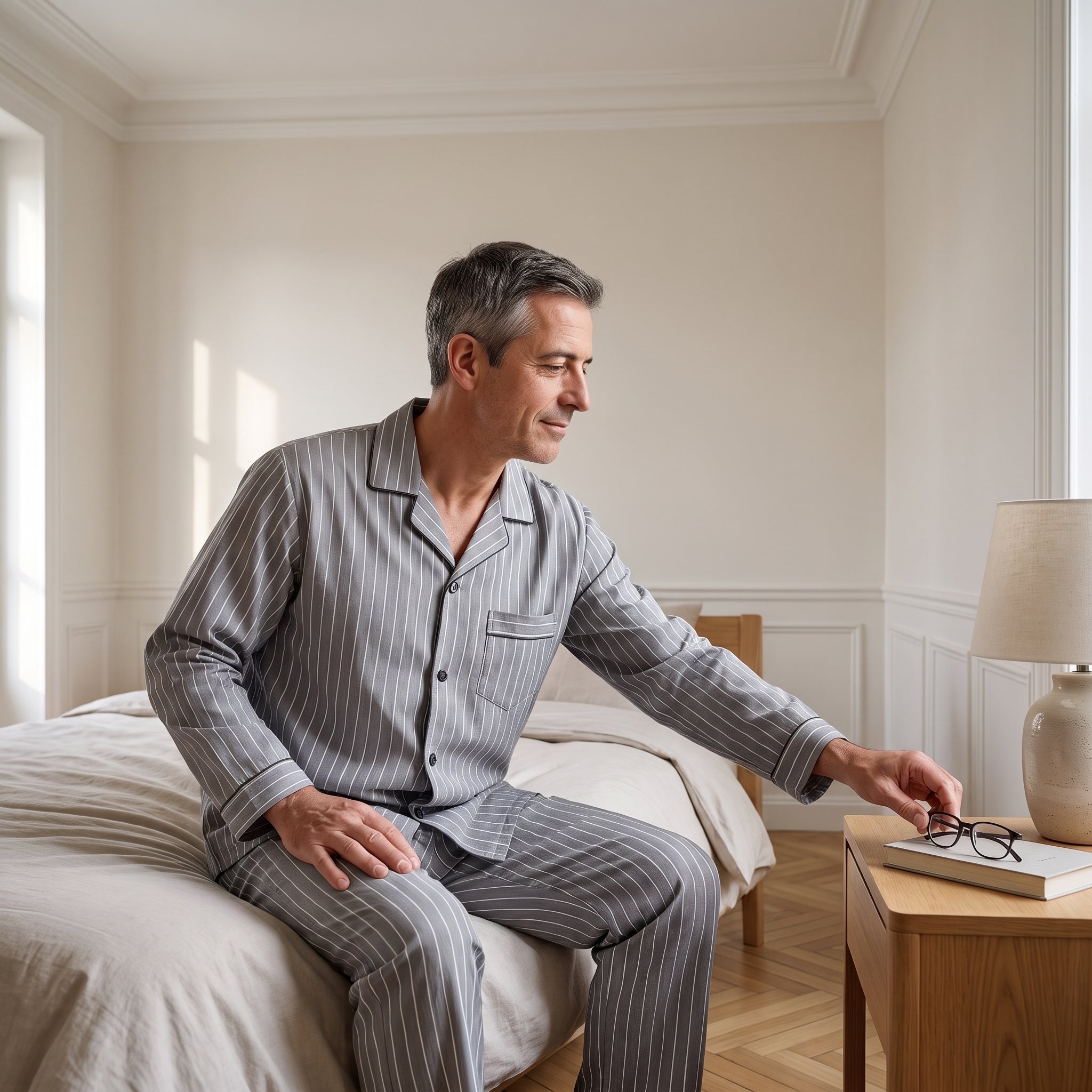 Homme assis sur son lit en pyjama à rayures gris, posant ses lunettes Image