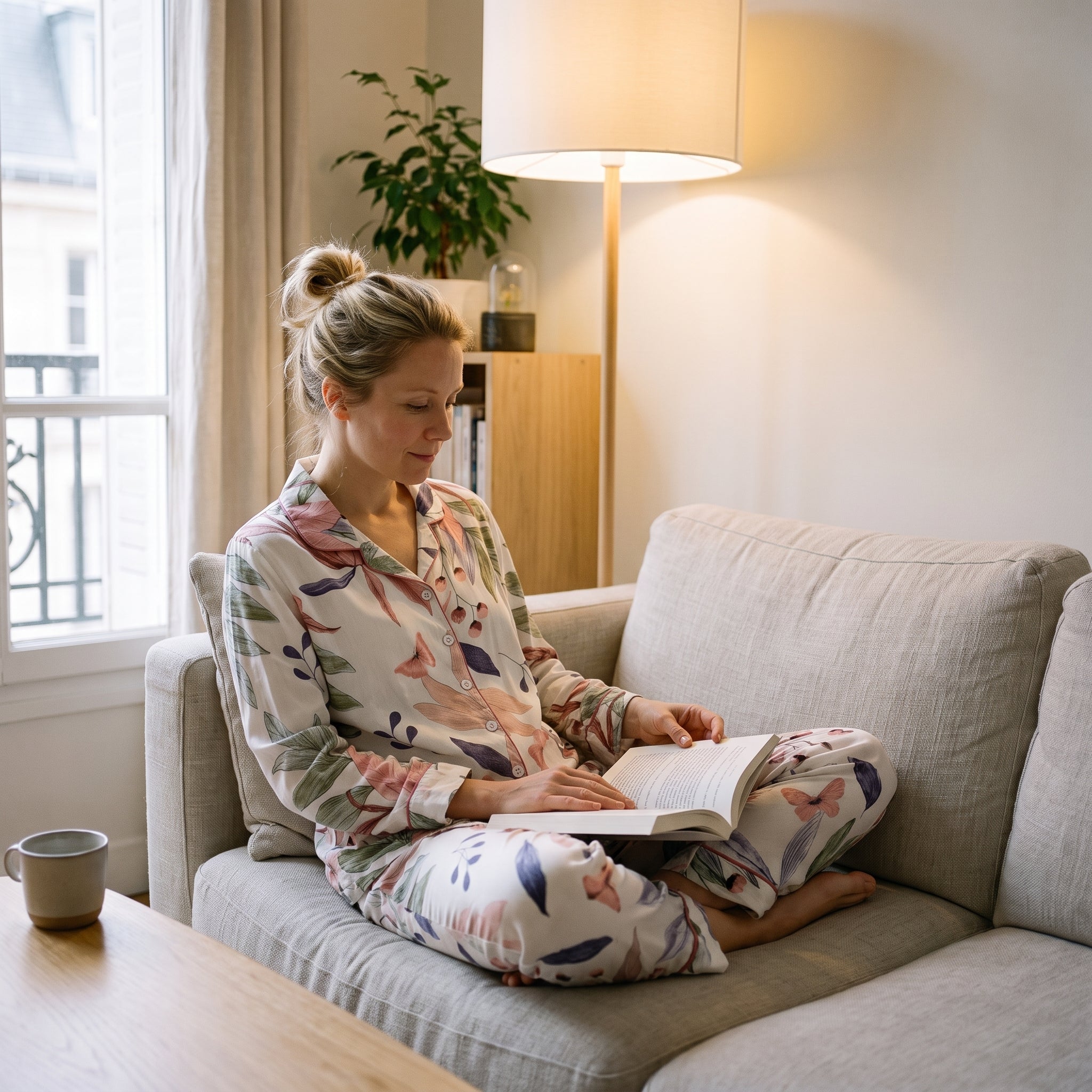 Femme assise sur son canapé avec un livre, en pyjama en viscose imprimée Image