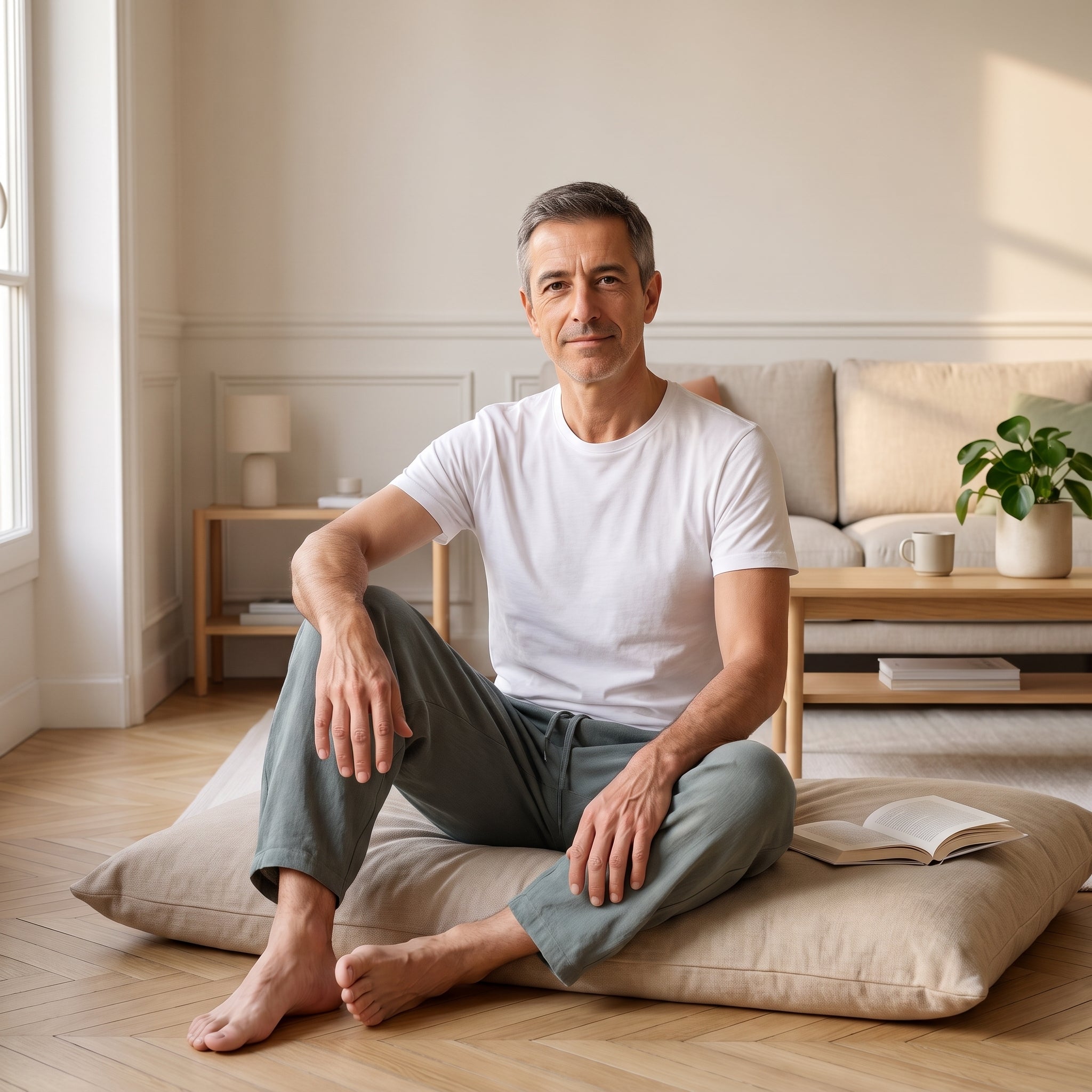 Homme assis en tailleur sur un coussin de sol en pantalon sarouel gris bleuté Image