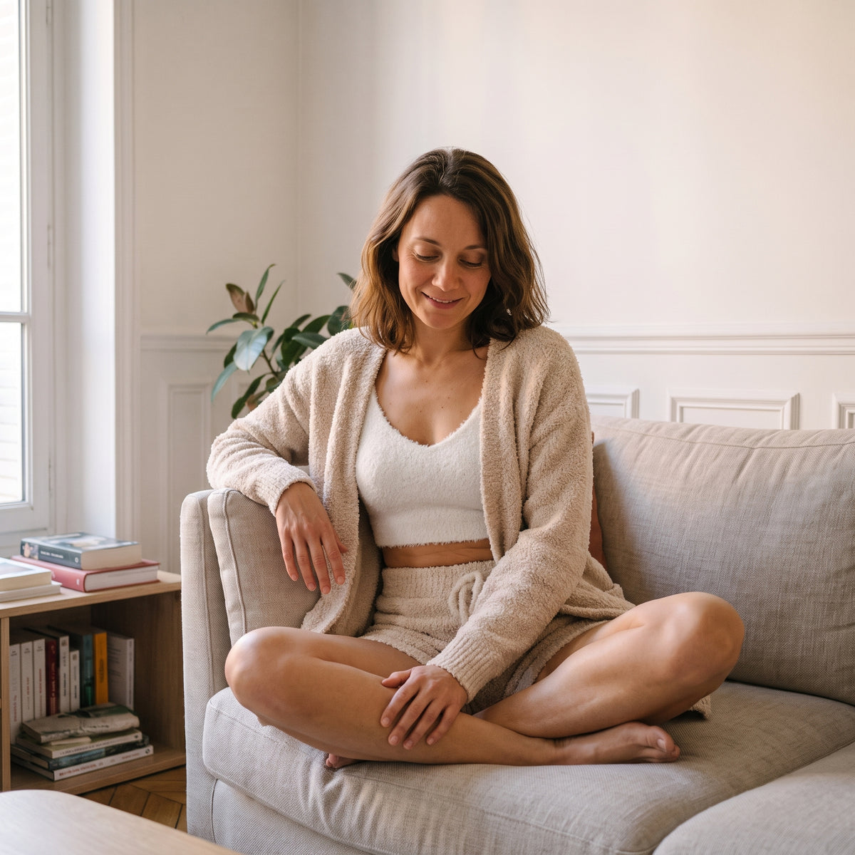 Femme en ensemble maille peluche beige, assise en tailleur sur son canapé Image
