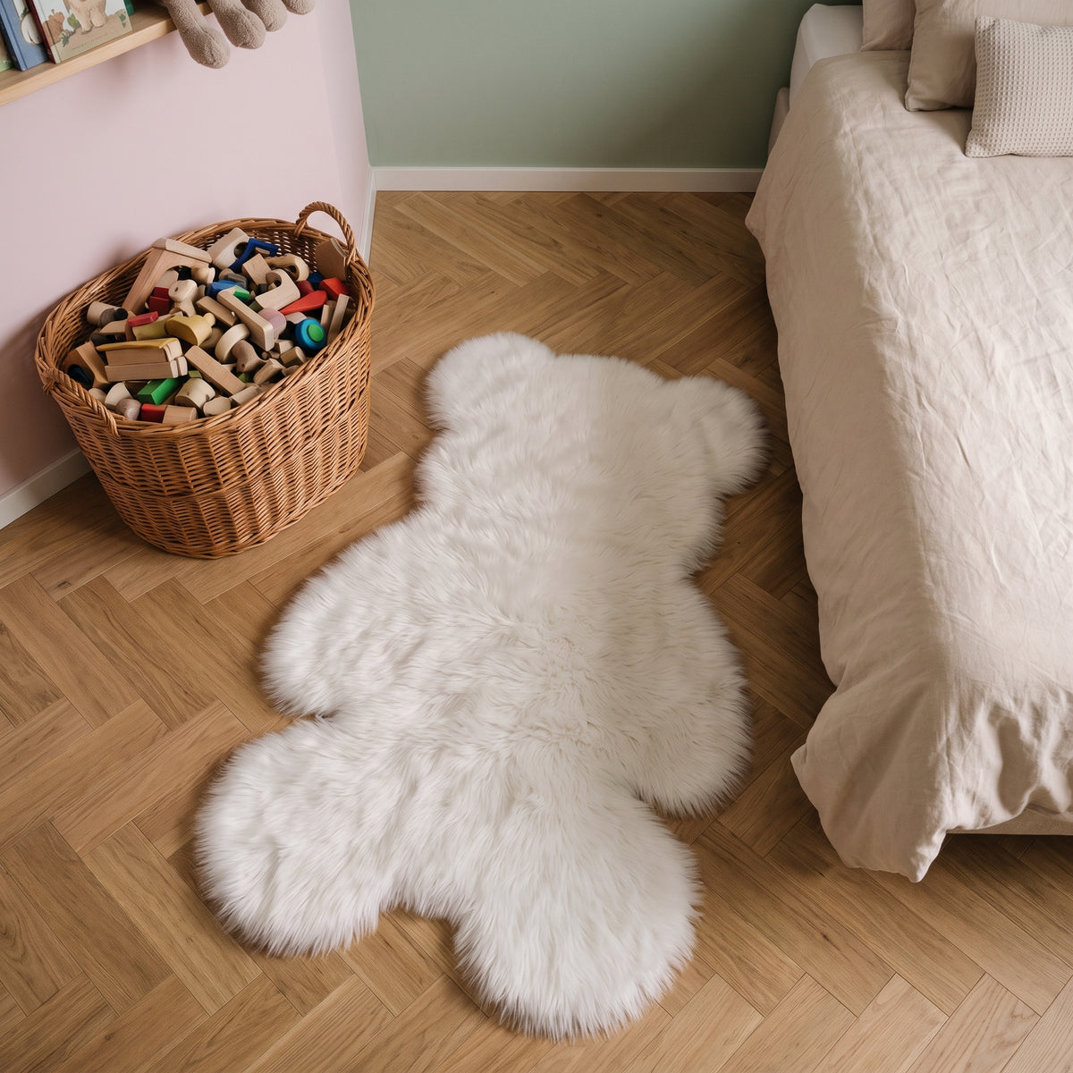 Tapis ourson blanc entre le panier à jouets et le lit d'enfant