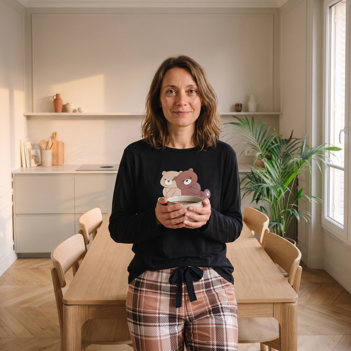Femme debout dans son coin repas en pyjama noir imprime ours, les mains autour d un bol chaud et le pantalon a carreaux noue par un cordon noir