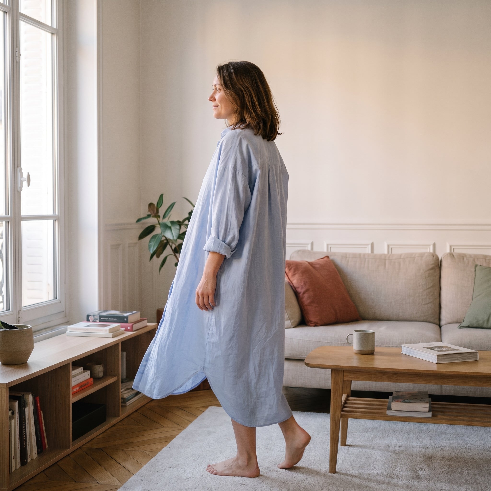 Robe chemise bleu ciel vue de profil, l'ampleur du tissu en marche Image