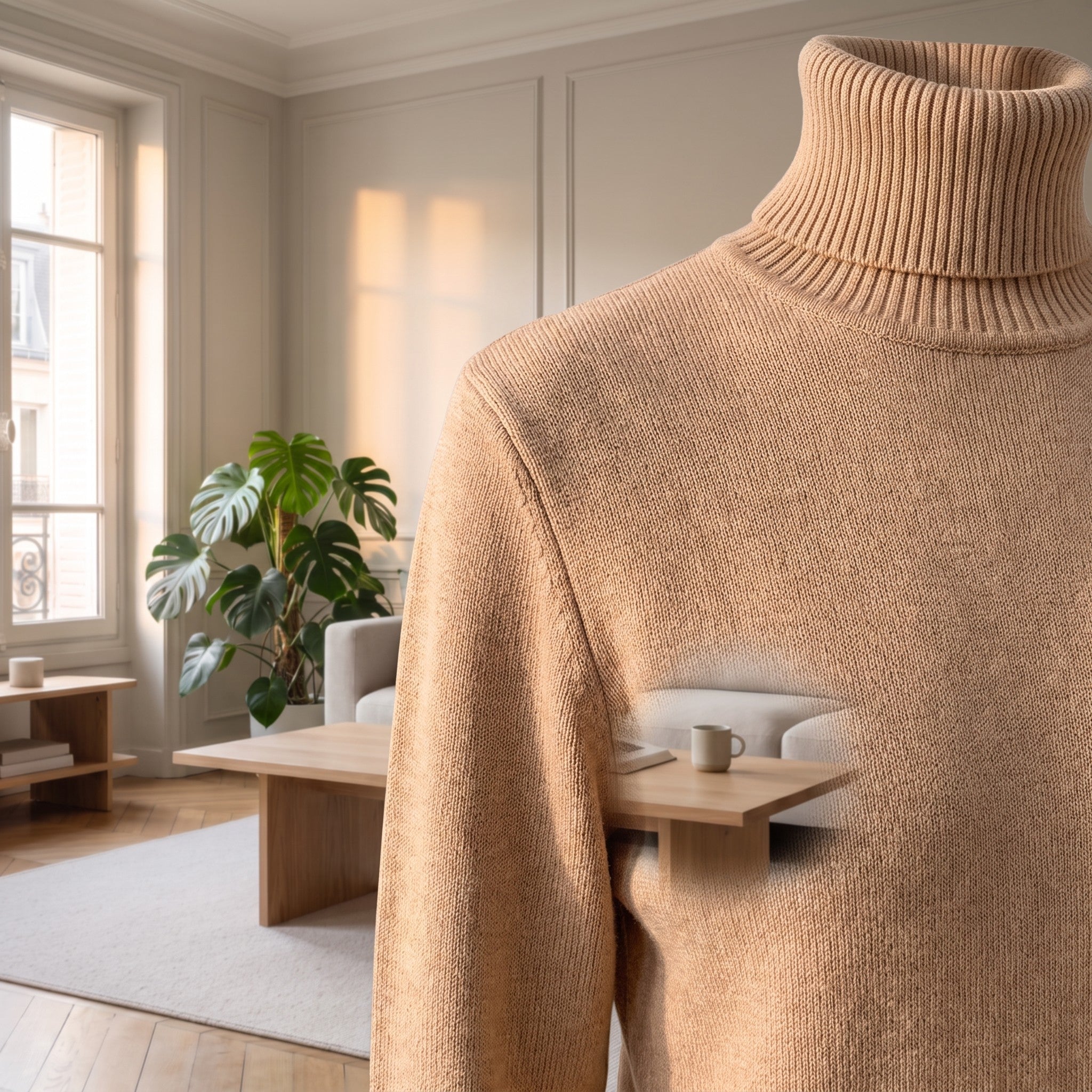 Gros plan sur le col roule et l epaule du pull camel, le pli du retournement et la couture d emmanchure visibles Image