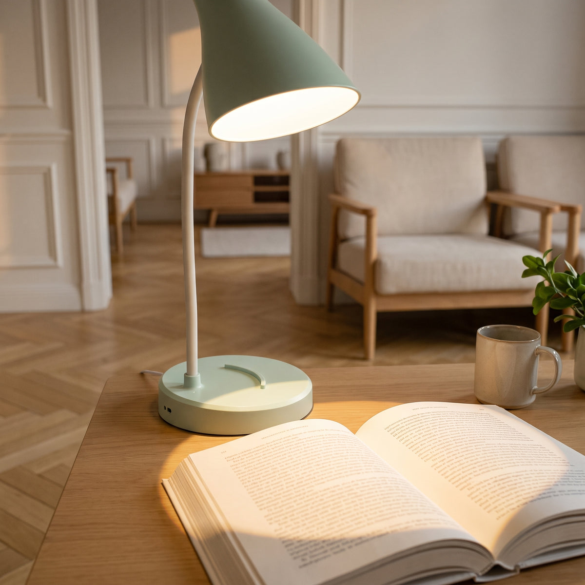 L'abat-jour vert allumé penché au-dessus d'un livre ouvert, sa lumière chaude posée en rond sur les deux pages. Image