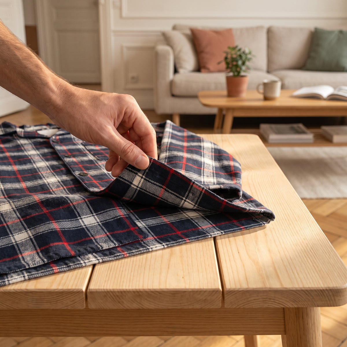 Une main soulève le tissu de la chemise de pyjama, détail du coton tissé Image