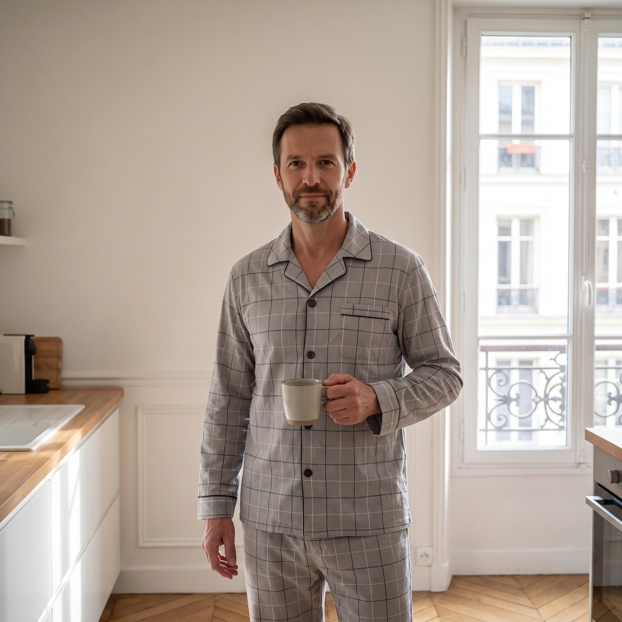 Homme dans sa cuisine au petit matin en pyjama à carreaux gris Image