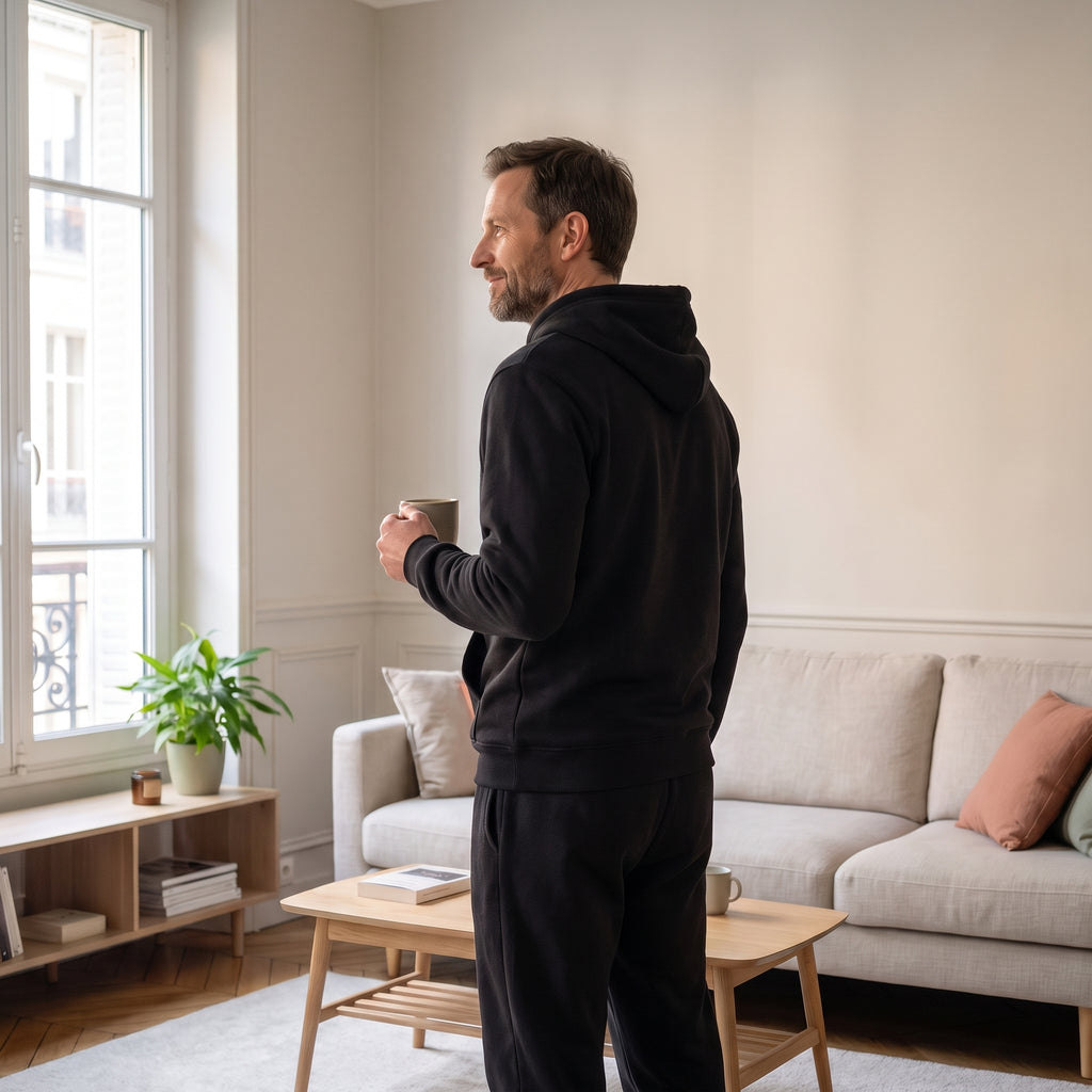 Ensemble jogging noir porté de dos, une tasse à la main, dans un salon