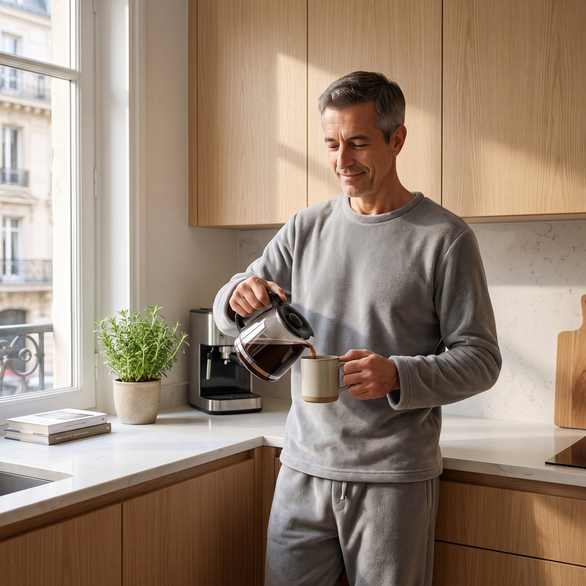 Homme dans sa cuisine en pyjama d'hiver en flanelle polaire gris clair, un samedi matin Image