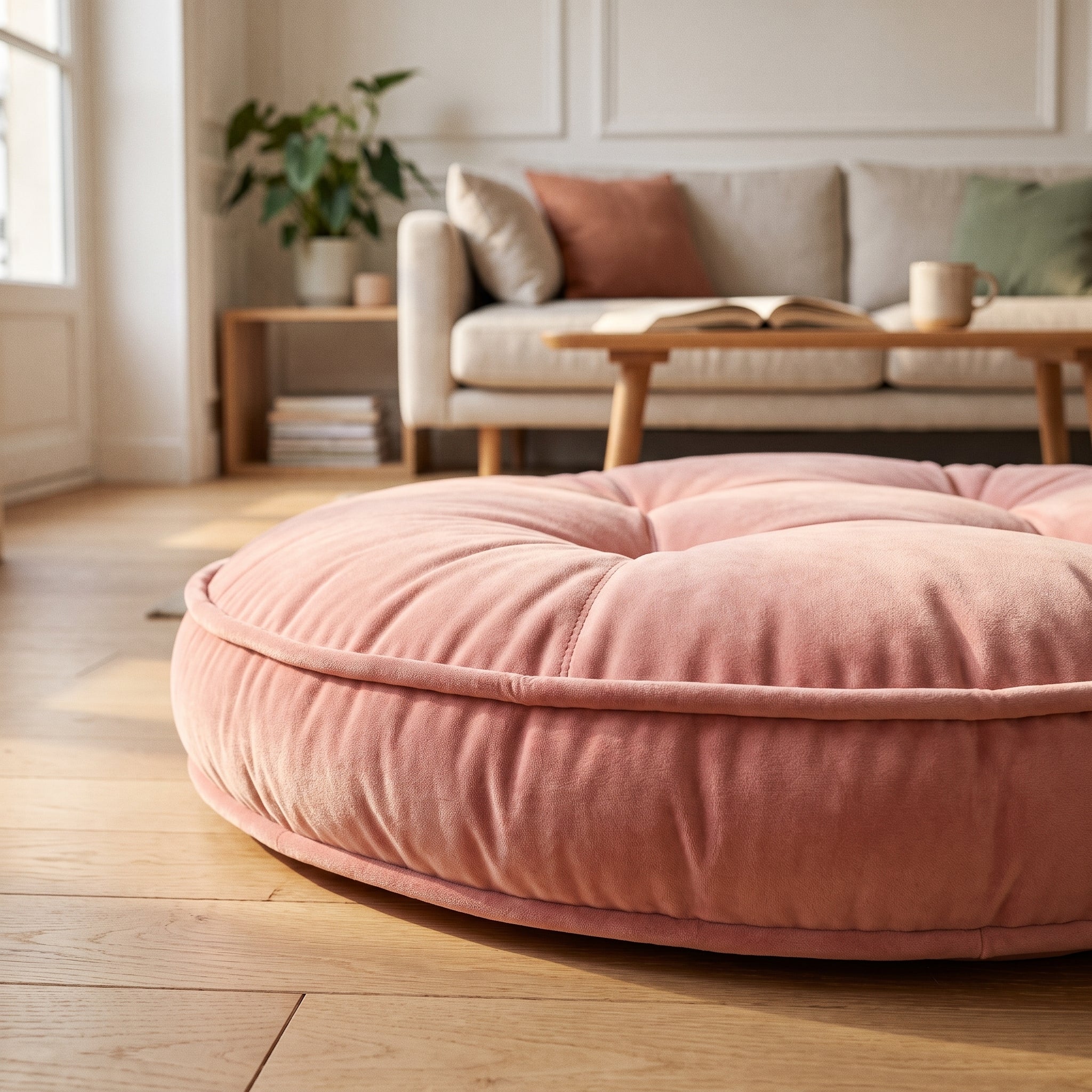 Bord d'un coussin de sol rose vu de près, le velours et le bourrelet du pourtour Image