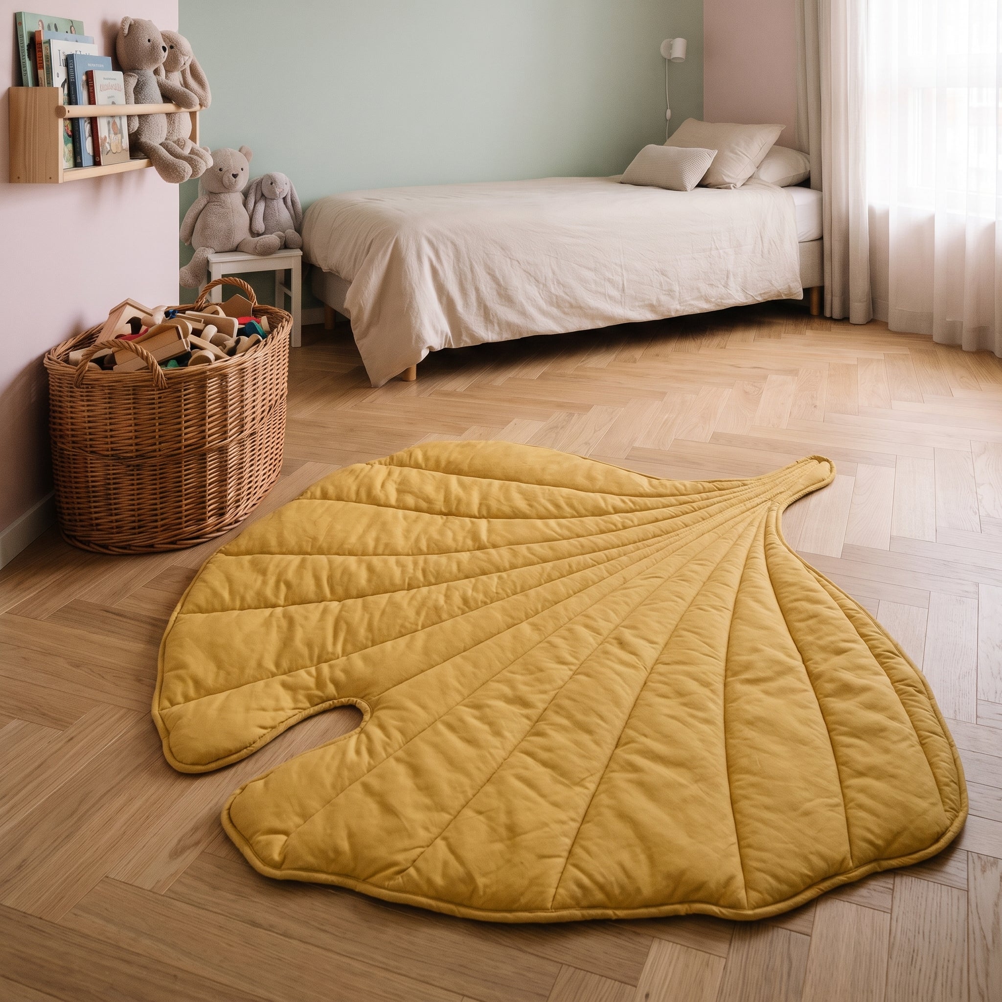 Tapis feuille jaune moutarde posé au sol d'une chambre d'enfant Image