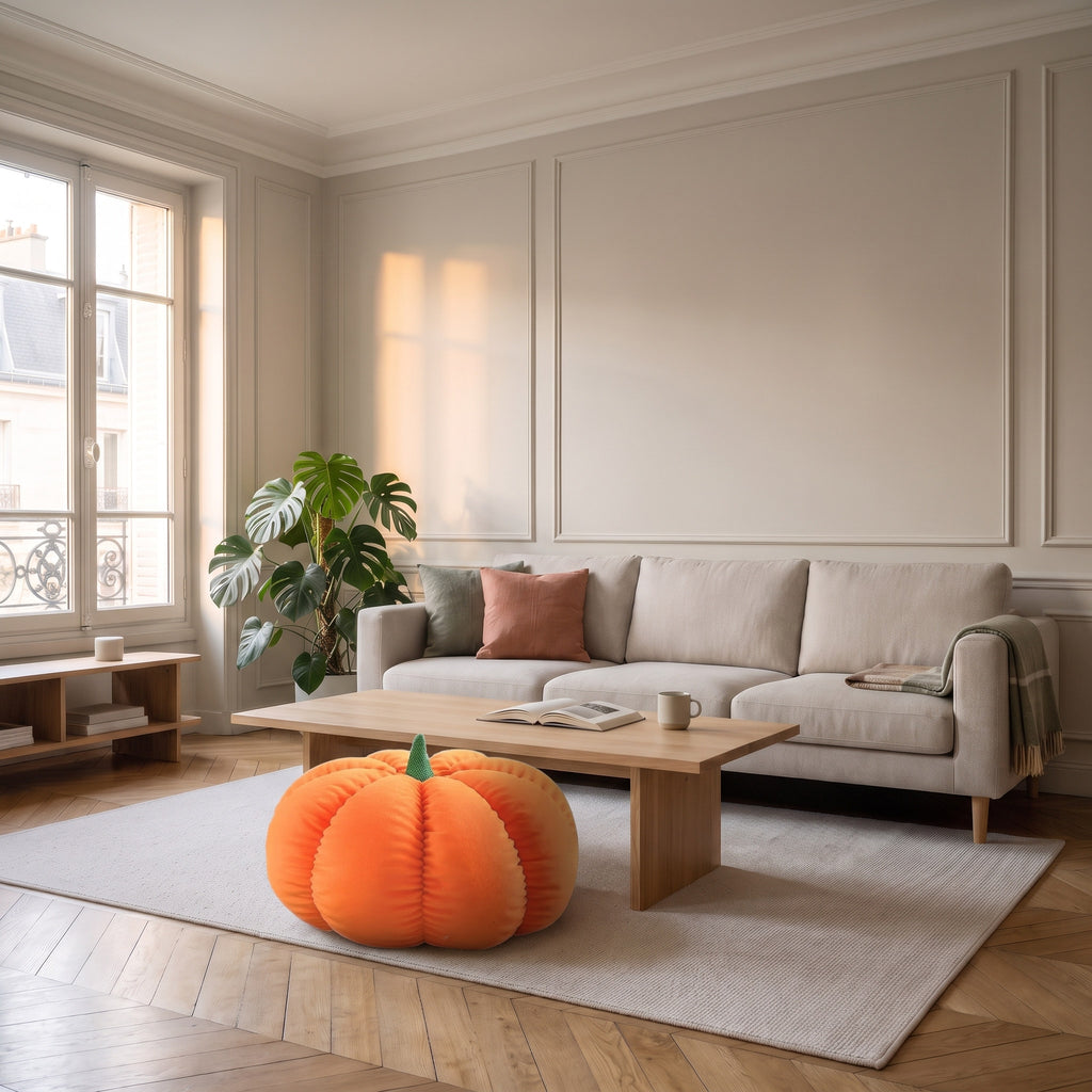 Pouf citrouille orange sur le tapis d'un salon, à côté de la table basse