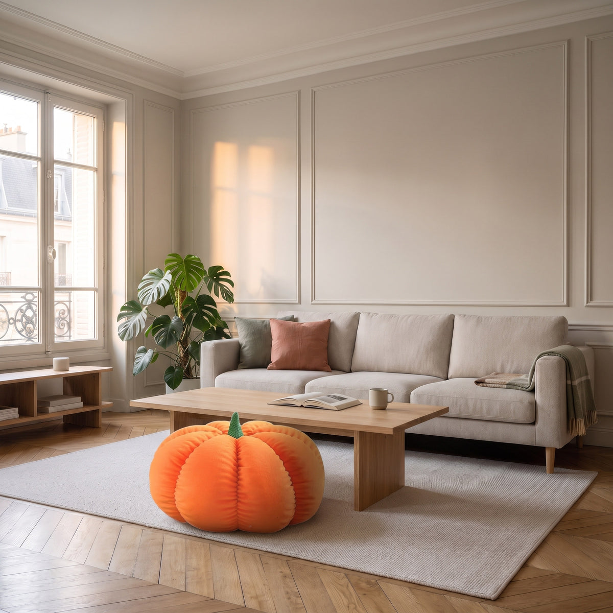 Pouf citrouille orange sur le tapis d'un salon, à côté de la table basse