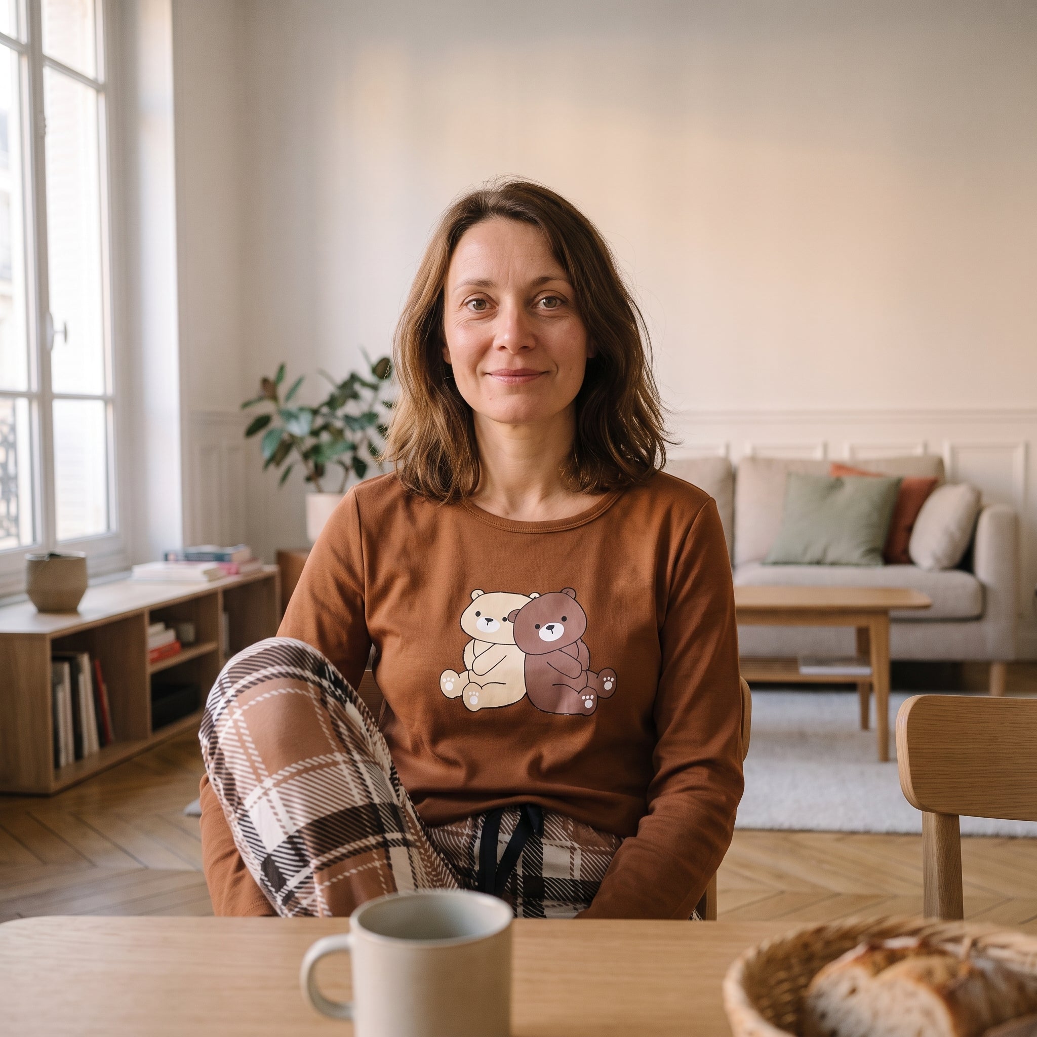 Femme attablee chez elle un matin de week-end en pyjama marron, pantalon a carreaux et tasse de cafe Image