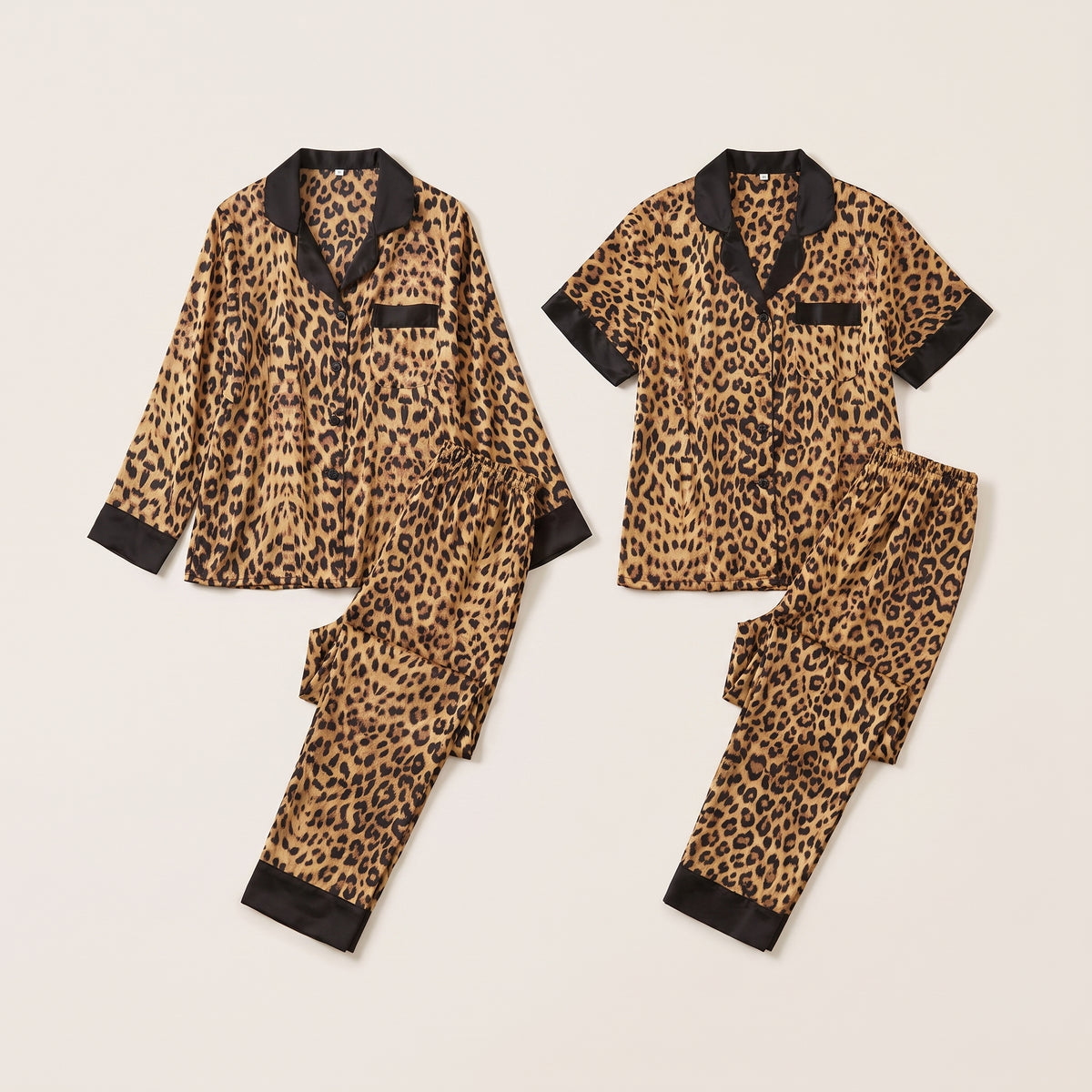 Les deux coupes du pyjama en satin léopard, manches longues et manches courtes Image