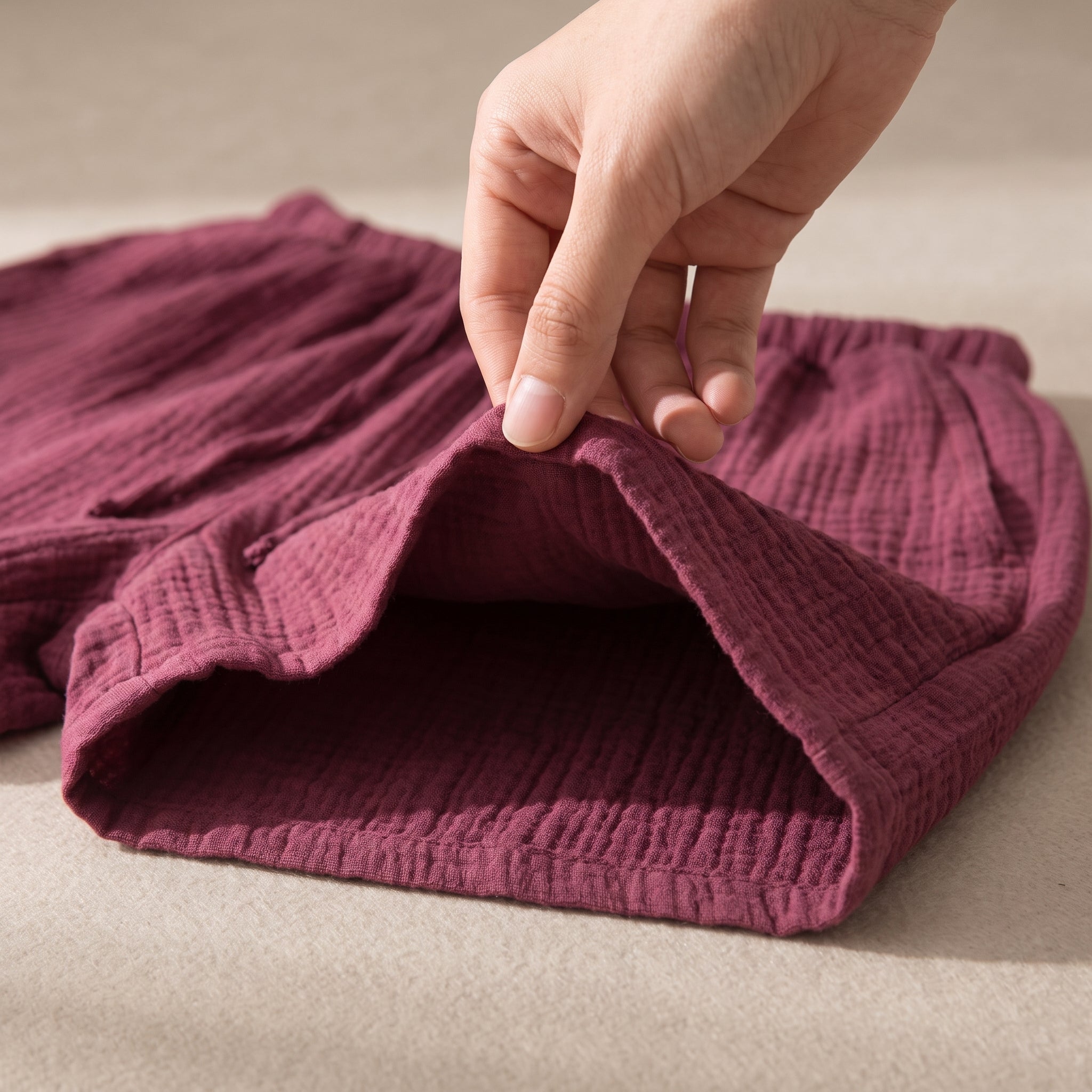 Une main soulève le tissu du short, grain gaufré de la gaze de coton Image