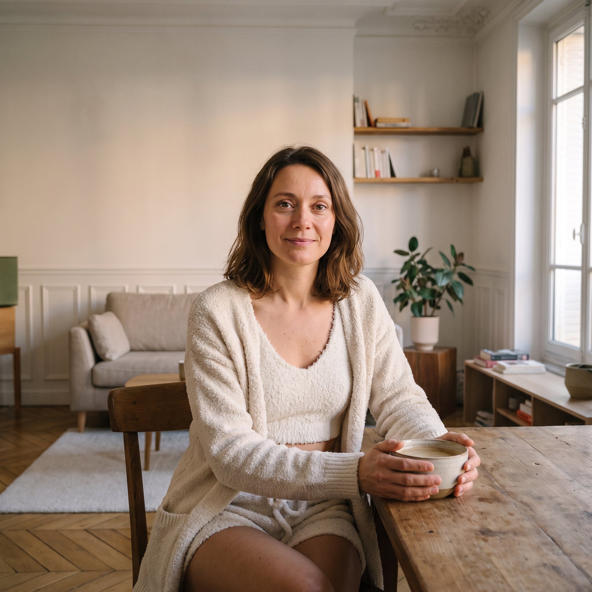 Femme en ensemble maille peluche beige, un bol de café à la table du matin Image