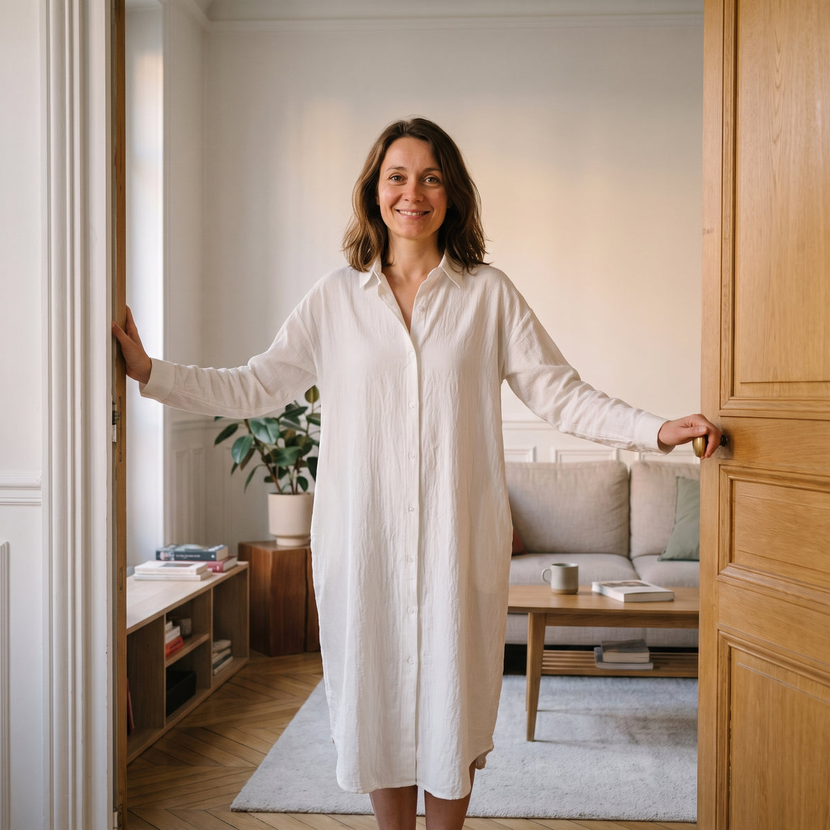Robe chemise longue blanc écru portée à la porte d'un salon